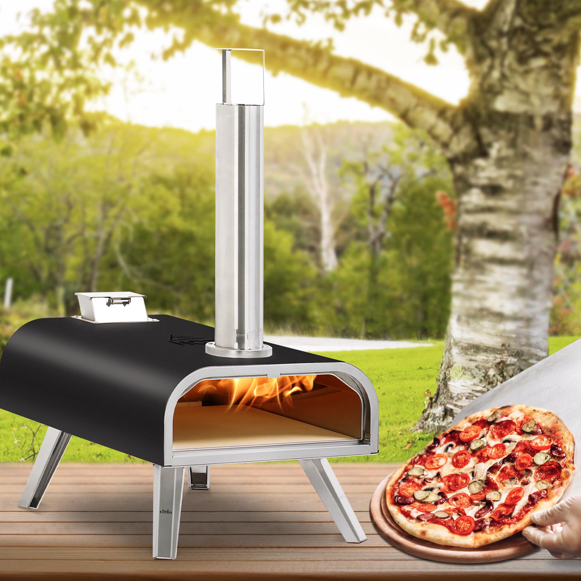 BIG HORN OUTDOORS 16 Inch Wood Pellet Burning Pizza Oven Pellet Pizza Stove, Portable Stainless Steel Pizza Oven with Pizza Stone for Outdoor Backyard Pizza Maker Garden Kitchen