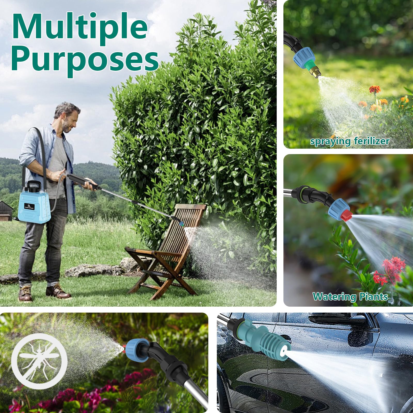 Pulvérisateur Électrique 5L Jardin, Batterie 1800mAh, 2 Vitesses, Perche Télescopique, 2 Buses, Sangle Confortable