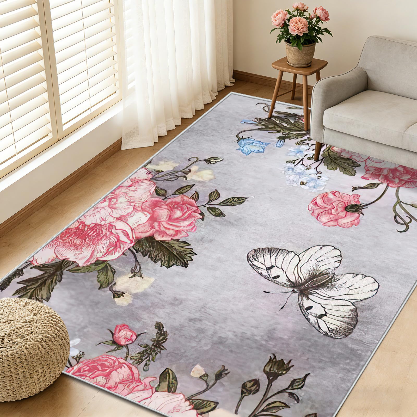 FTCJWL Vintage Floral Area Rug 120x170cm Machine Washable Rugs Living Room Boho Soft Non Slip Ultra Thin Indoor Floor Carpet for Girls Bedroom,Kitchen,Entryway, Lounge,Home Decor Pink Gray โ image 1