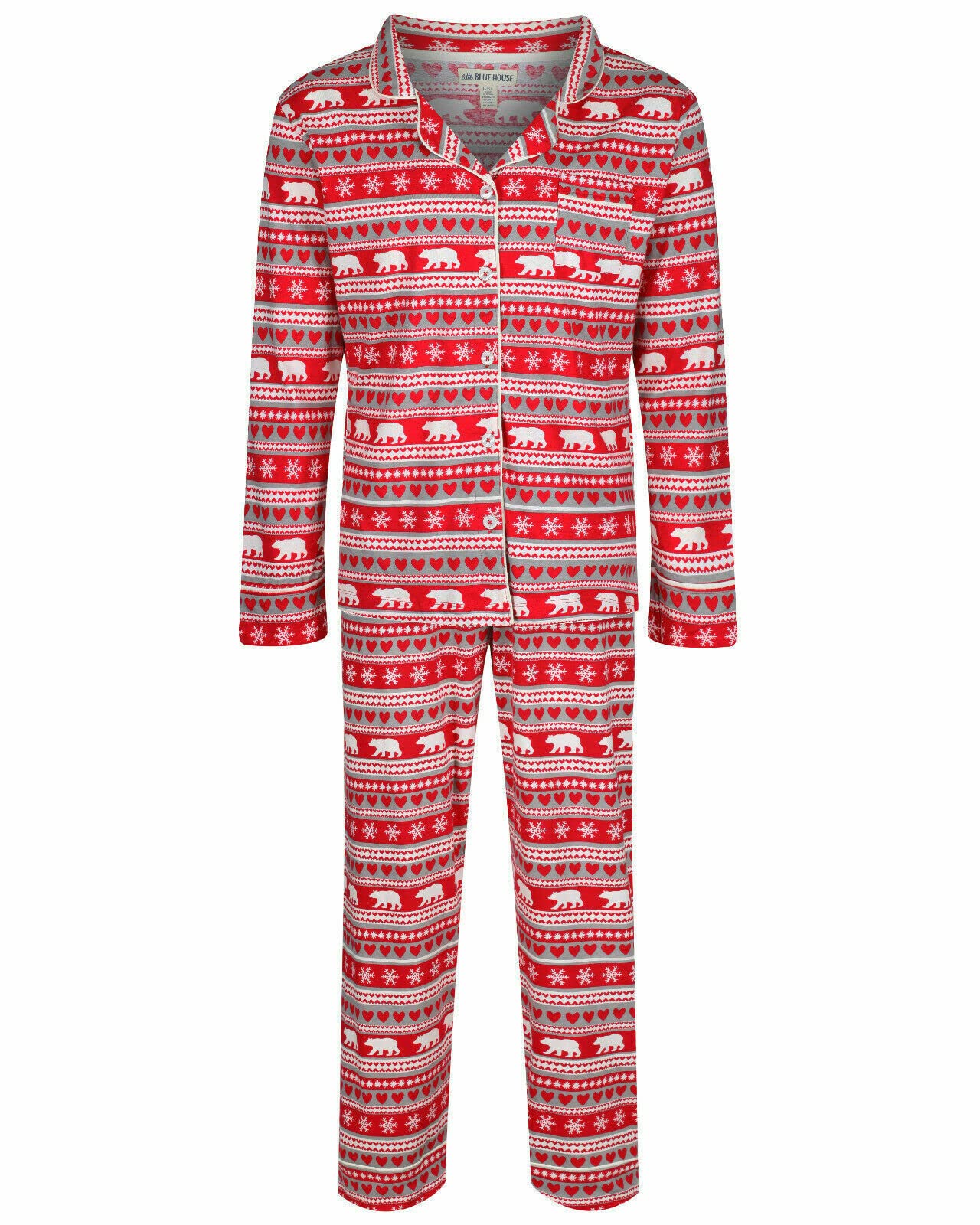 Paradise Ladies Pyjamas FAIR ISLE Bear Button UP Long PJ Set EX UK Store 4-22 Cotton New Red