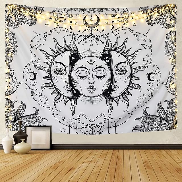 Dremisland Sun Tapestry Psychedelic Burning Sun Wall Tapestry Black and White Tapestry Moon Sun with Star Tapestry Wall Hanging Fractal Faces Mandala Wall Blankets(White, L/200x148cm(79x58inch))