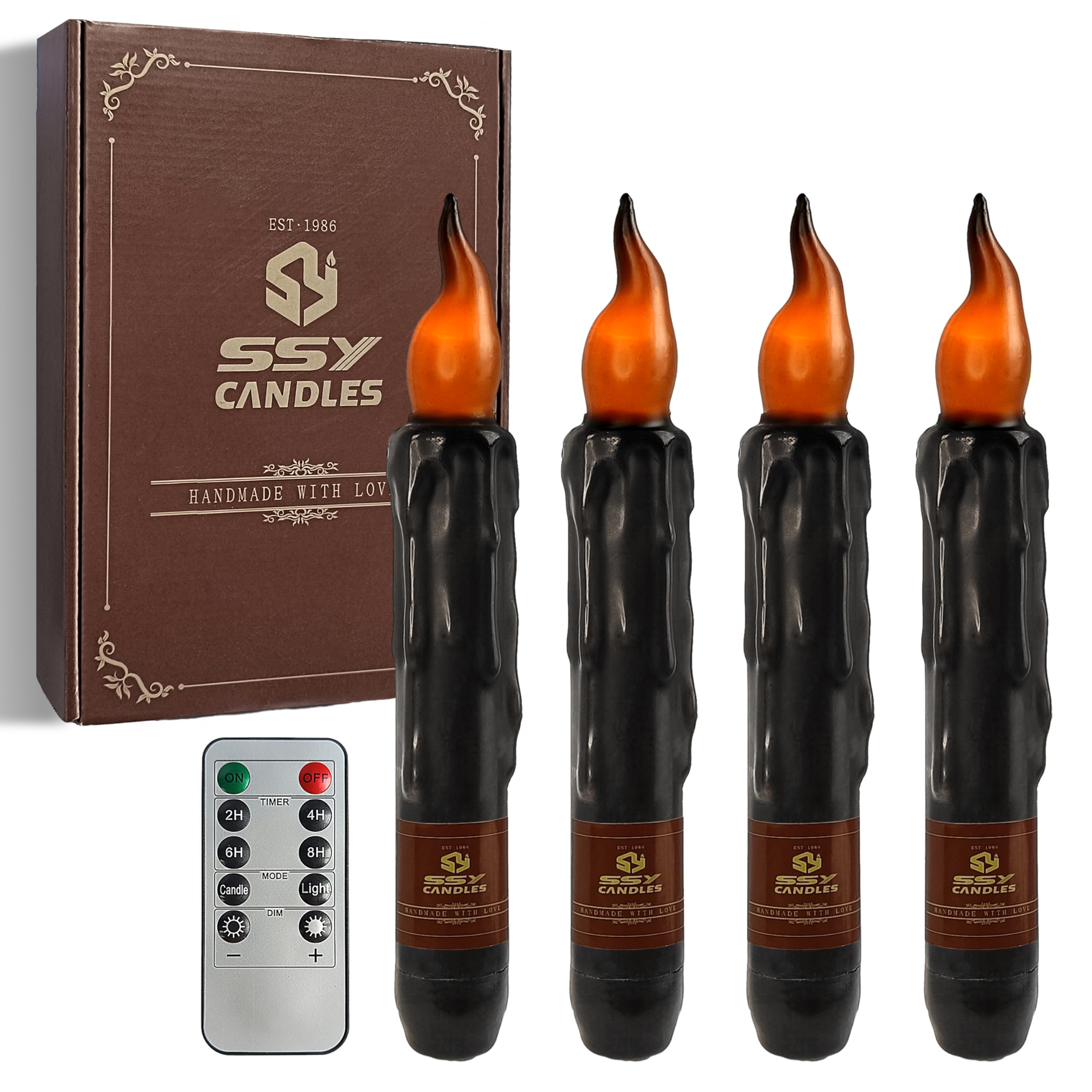 FCMSHAMD Black Flameless Short Taper Candles, Real Wax Hand Dipped LED Battery Operated with Remote, Flickering Flame Lights for Festival Party Home Décor, 6.7 Inch Primitive Flameless Candles, 4PCS — image 1