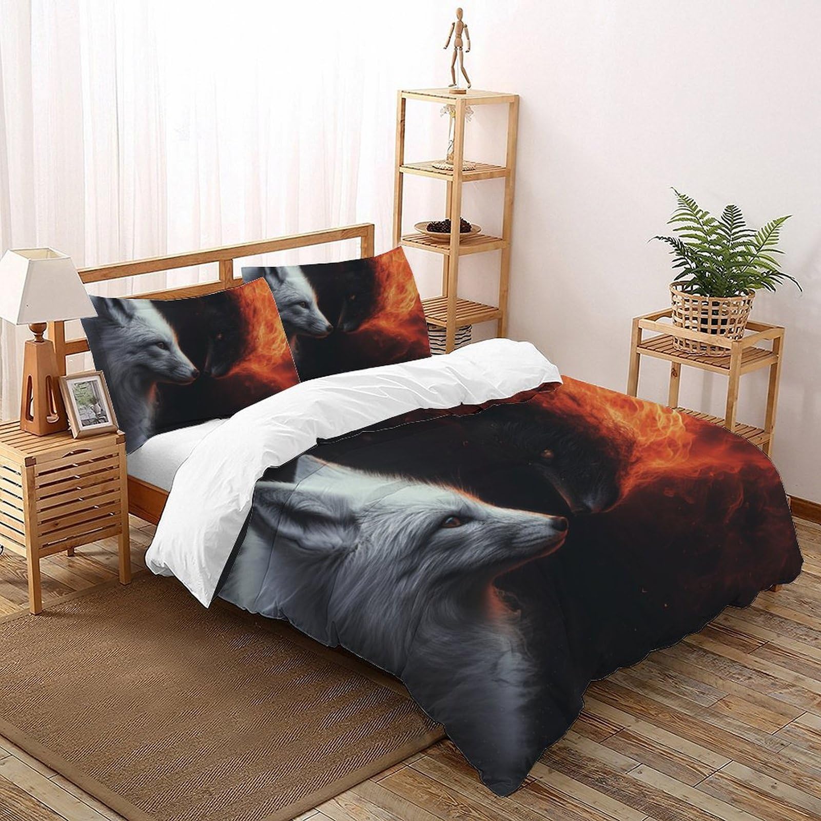 Volpe bianca e nerade Ropa De Cama 3D Niños 3 Piezas Microfibra 2 Funda De Almohada CremalleraKing（220x240cm）