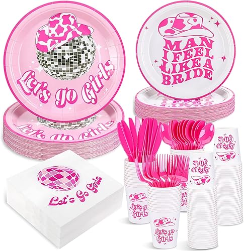 Uiifan 244 platos y servilletas de Let's Go Girls para despedida de soltera, discoteca, vaquera, suministros de vajilla de 9 pulgadas, 7 pulgadas, disponible en Yaxa El Salvador