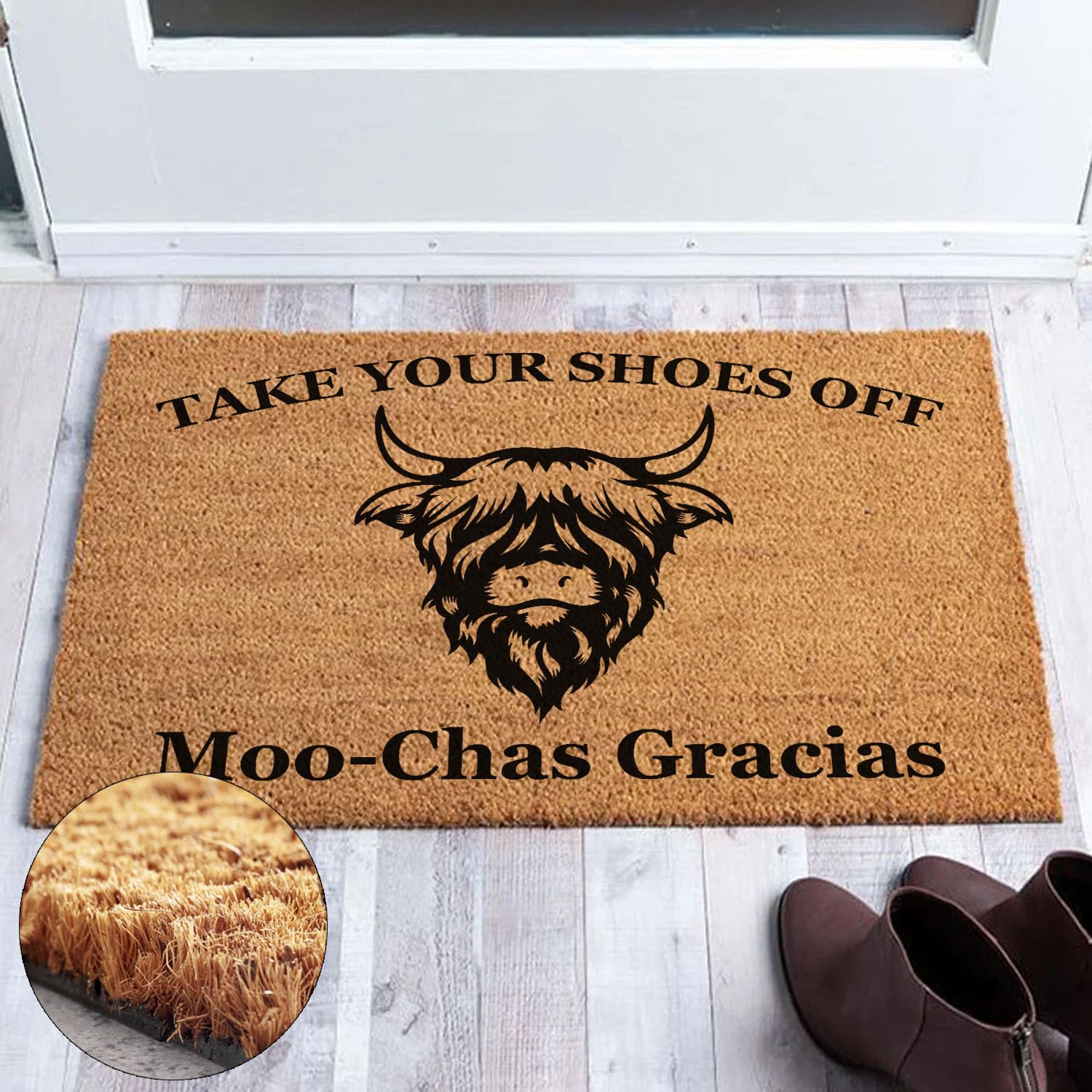Paillasson Vache Highland 43x76 Cm - Tapis De Porte Rustique Fibre De Coco Synthétique Intérieur/Extérieur