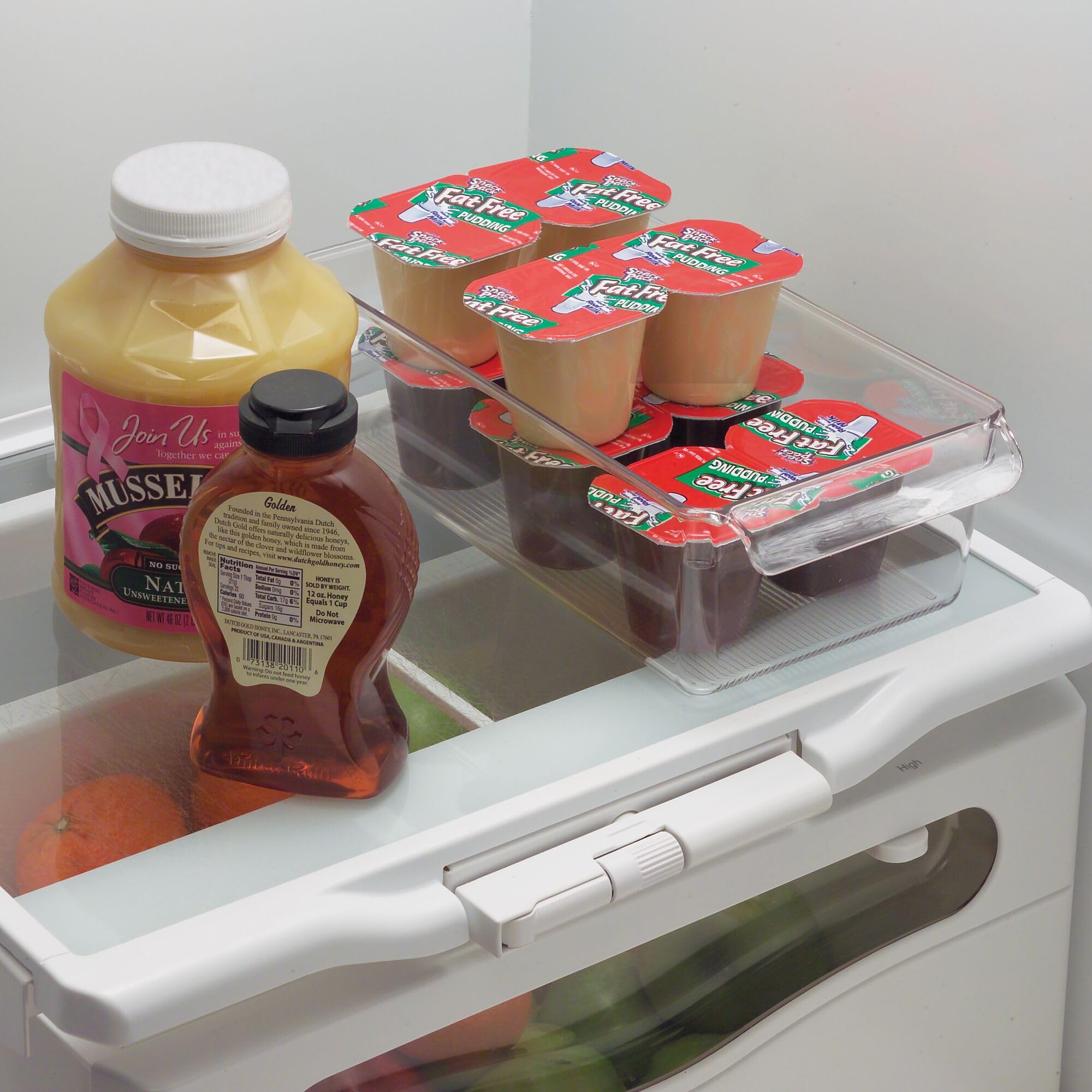 iDesign - Contenedor de almacenamiento para nevera con asa, bandeja para nevera para carnes y quesos, juego de 4, transparente