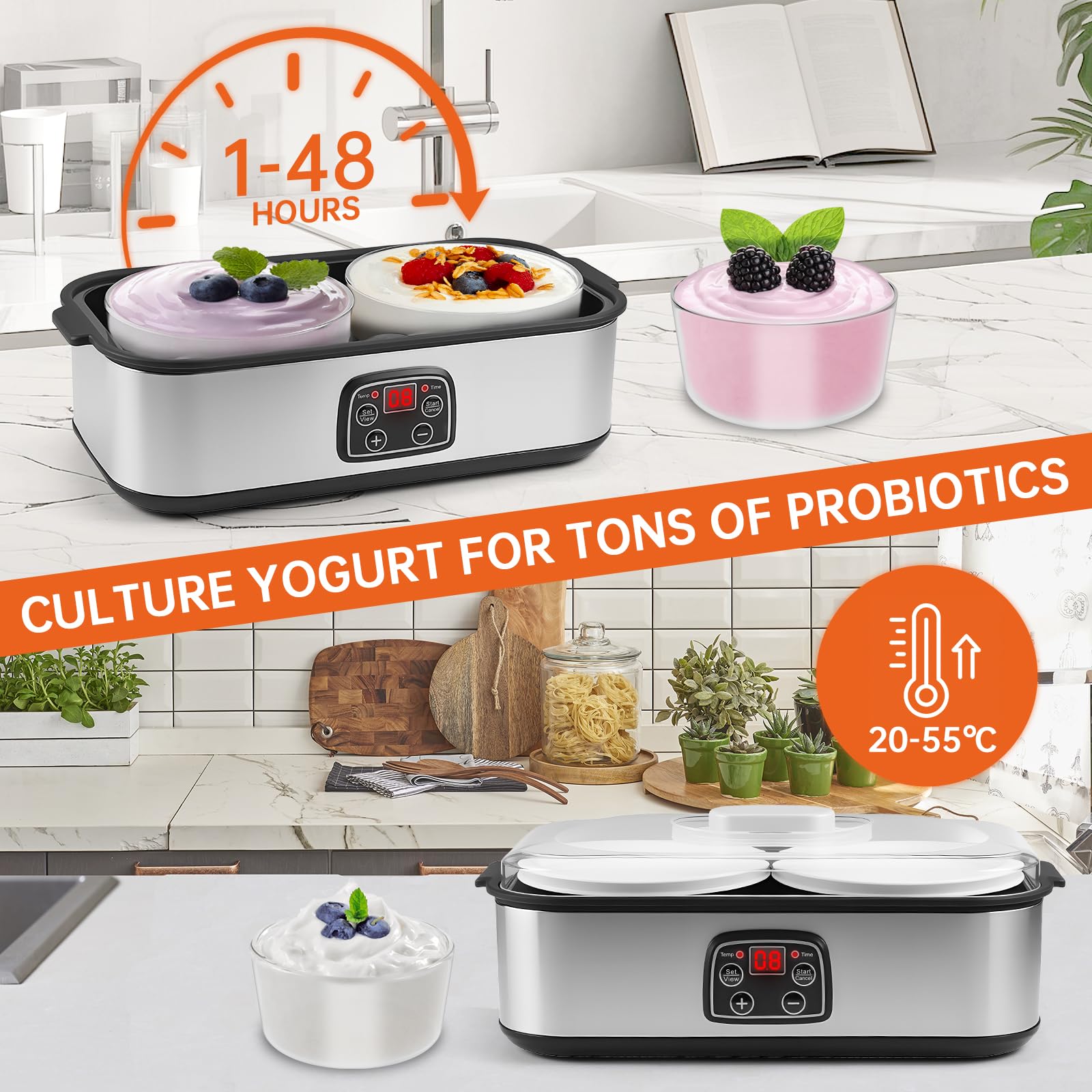 Machine à Yaourt Electrique 2L, Fabricant de Yaourt Confiture, 2 Pots en Verre