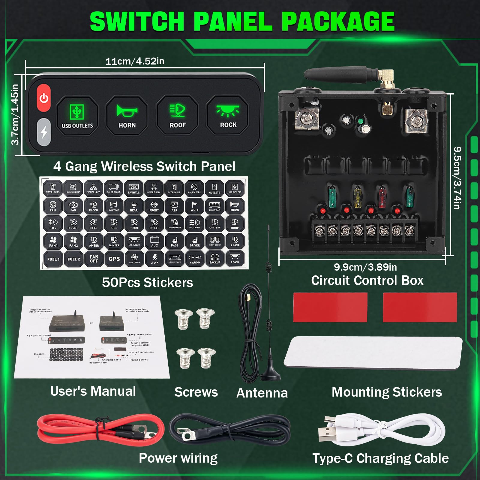 Chelhead Panel de conmutación inalámbrico de 4 marchas, panel de interruptor de una fila para vehículos con función estroboscópica de conmutación 12 V – 24 V, sistema de control de relé universal