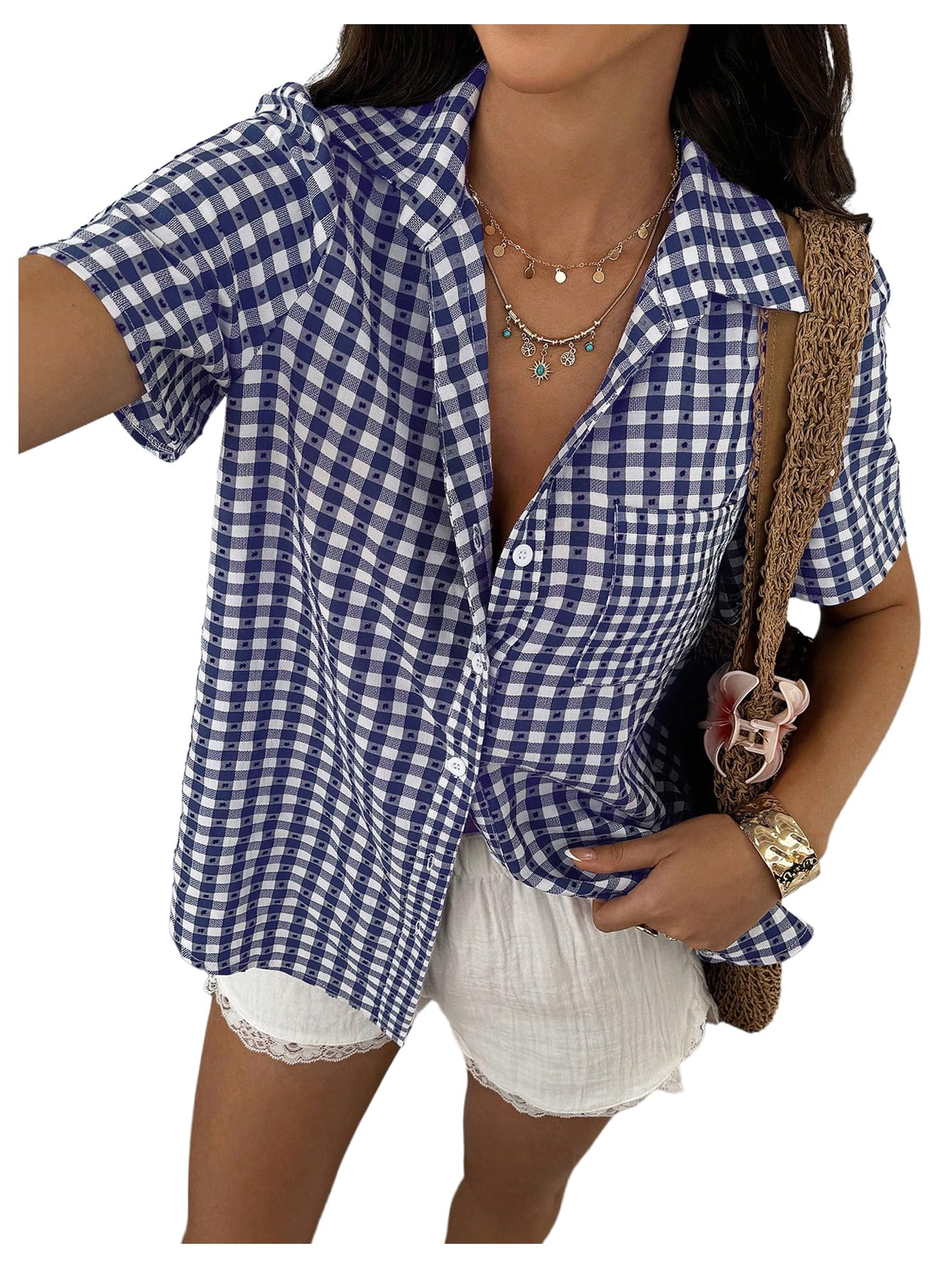 SweatyRocks Women's Short Sleeve Gingham Plaid Button Down Lapel Collar Blouse Summer Shirts