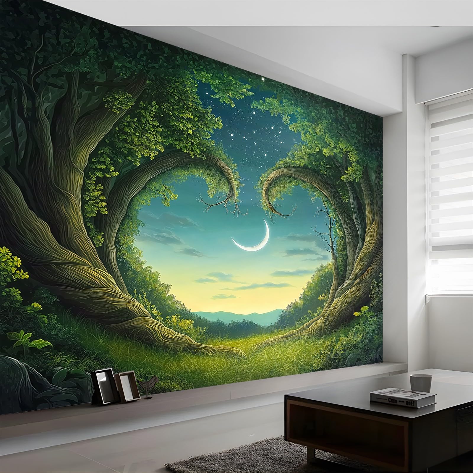 Panoramiczna tapeta las księżyc zielony niebieski 200 x 140 cm (szer. x wys.), tapeta 3D duże ściany plakat do salonu, pokoju dziecięcego dla dorosłych tapeta z włókniny do sypialni