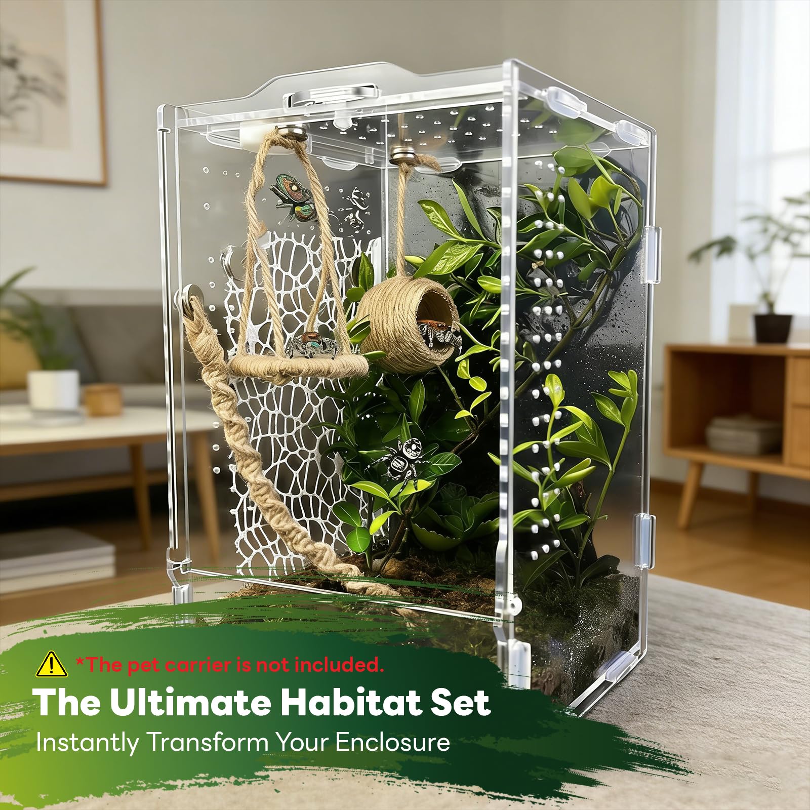 15 Stück Magnetisches Springspinnen Zubehör Set,Jute Vertikale Hängematten & Aufhängbare,Nest aus Natürlichem Hanfseil 6 Moosband,Kletterschaukel Erkunden Klettern (Nicht enthalten Terrarium)