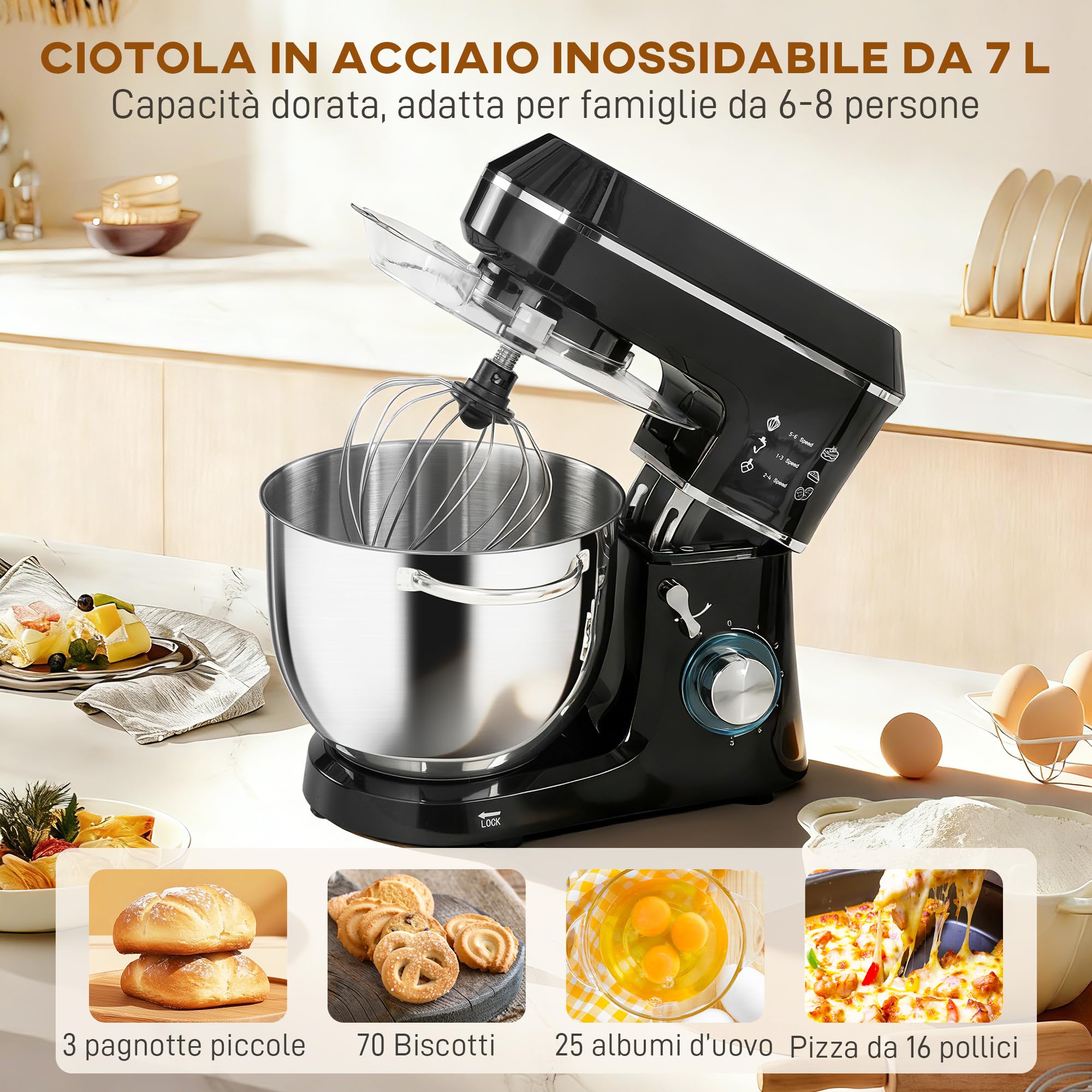 HOMCOM Impastatrice Planetaria con Ciotola Inox 7L, 1400W 6 Velocità Pulse, Testa Inclinabile, Planetaria Professionale Antiscivolo con Gancio Impastare, Frusta, Sbattitore, Paraschizzi e Accessori