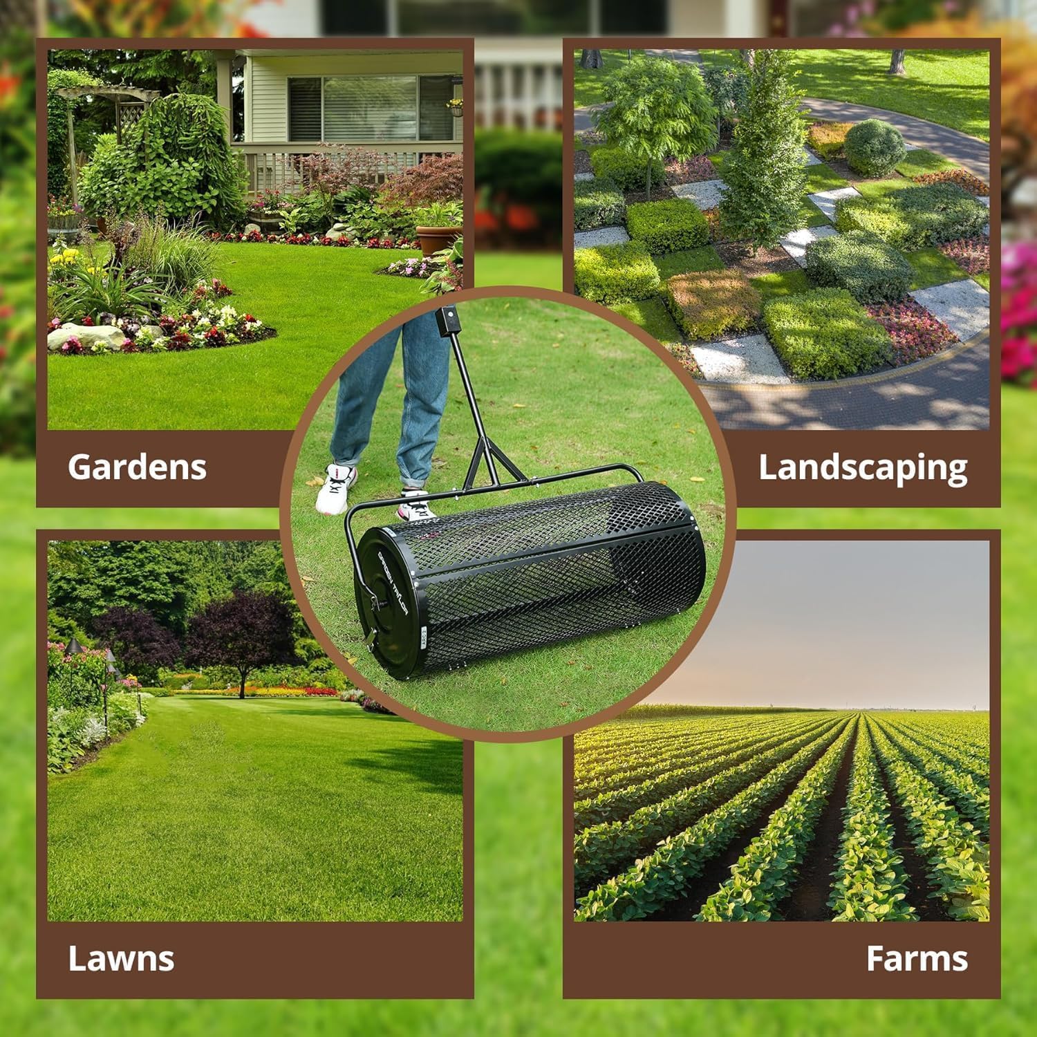 Distribuidor de compost de 36 pulgadas, remolcable, de turba con accesorios de instalación, con rodillo de malla metálica para césped, para tierra vegetal, estiércol, mantillo y abono de cobertura.