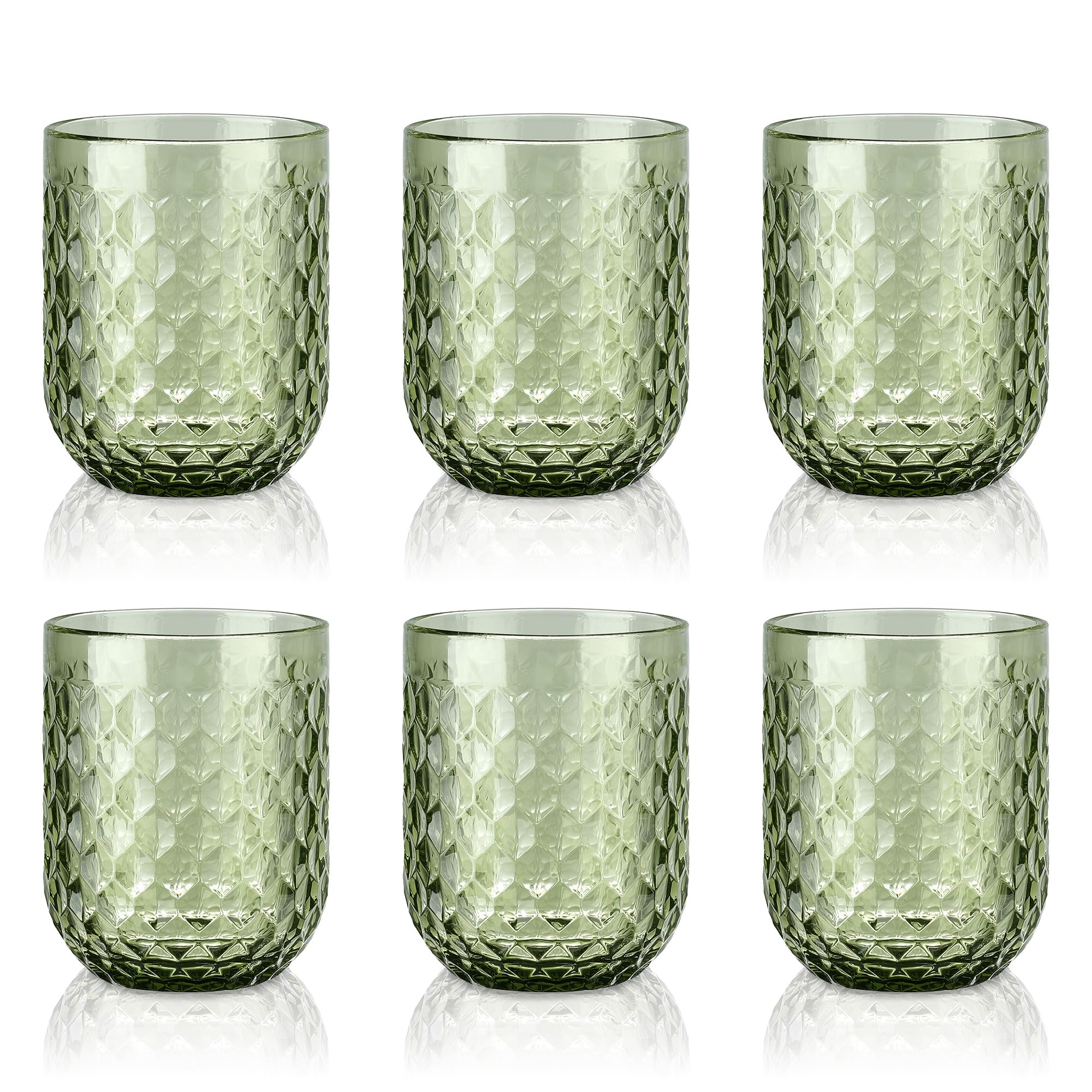 Juego De 6 Vasos De Vidrio Verde Con Relieve - 300 Ml, Aptos Para Lavavajillas