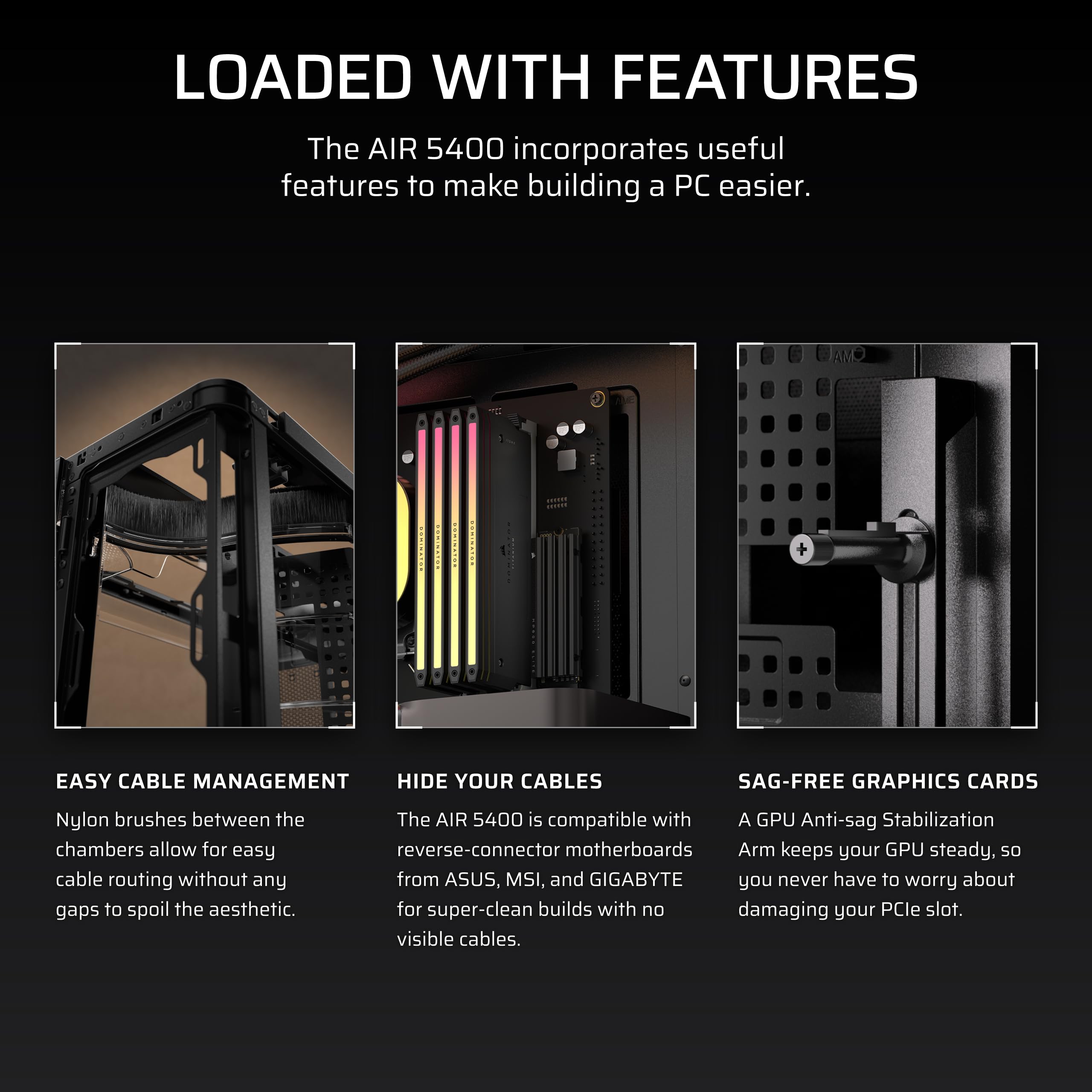 CORSAIR AIR 5400 RS-R ARGB Triple-Chamber Mid-Tower Panoramic PC Case – 3X Pre-Installed Reverse-Rotor RS120-R ARGB Fans, Low-Noise, High Airflow Ducts, Reverse Motherboard Support – Black