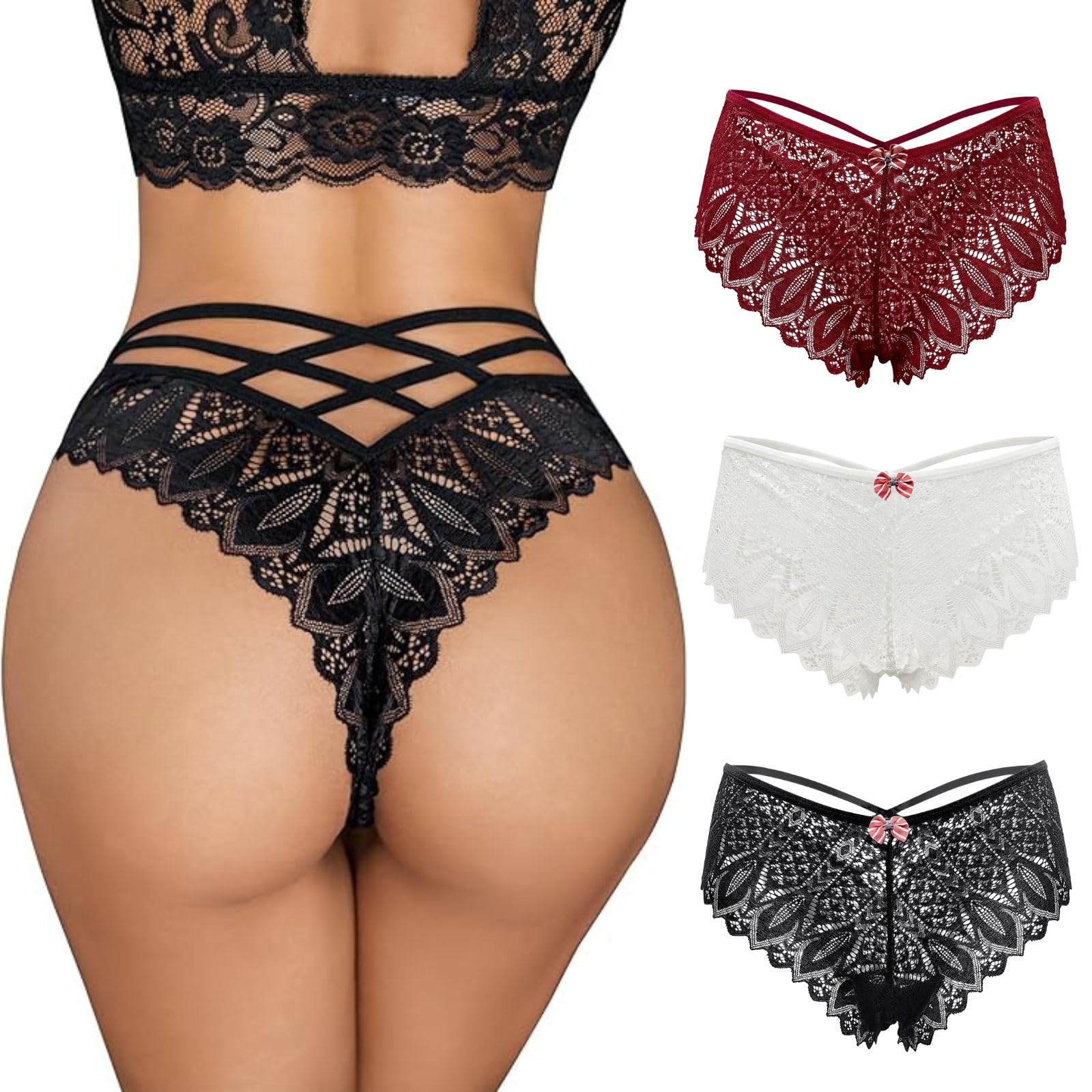 ROSVAJFYWomen's Lace Knickers Sexy Cheeky Low Rise Thongs G-String Underwear Seamless Breathable Stretchy Panties See-Through Criss Cross Back Hollow Out Floral Lace Hipster Comfortable Bikini Brief
