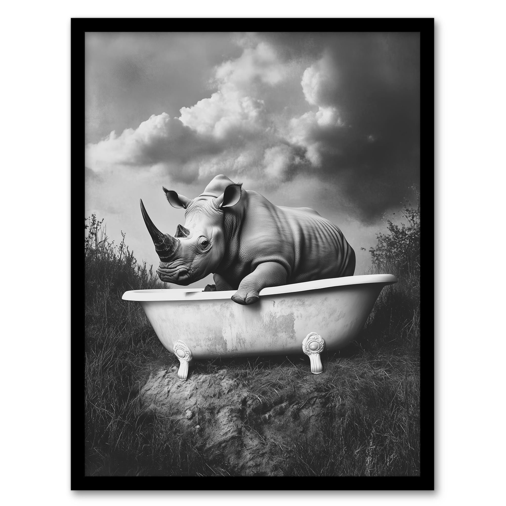 Artery8 Rhino in Bathtub Black White Bath Time Surreal Bathroom Toilet Artwork Framed Wall Art Print A4