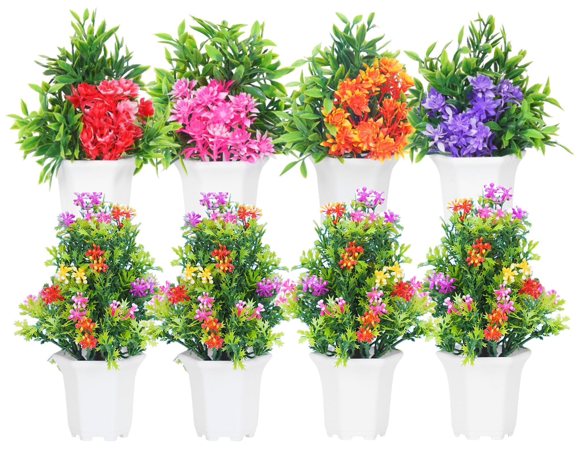 DekorlyWild Artificial Flower Plants with Cute Hexa Pot | Faux Flower Plant for Home Office Decor | Tabletop and Desk Decoration | Artificial Flower for Balcony Indoor Decor | Pack of 8 (Multi-C)
