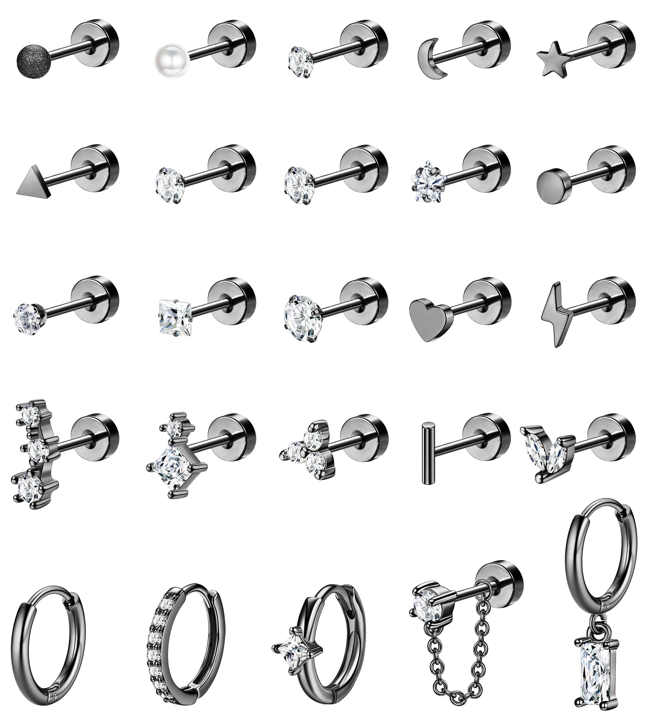 HHRFCS 25 sztuk Hipoalergiczny Helix Piercing Biżuteria Tragus Conch Piercing Biżuteria Daith Złoto Srebro Hoop Kolczyki na chrząstkę Płaski tył Zestaw kolczyków sztyftowych Ze stali chirurgicznej