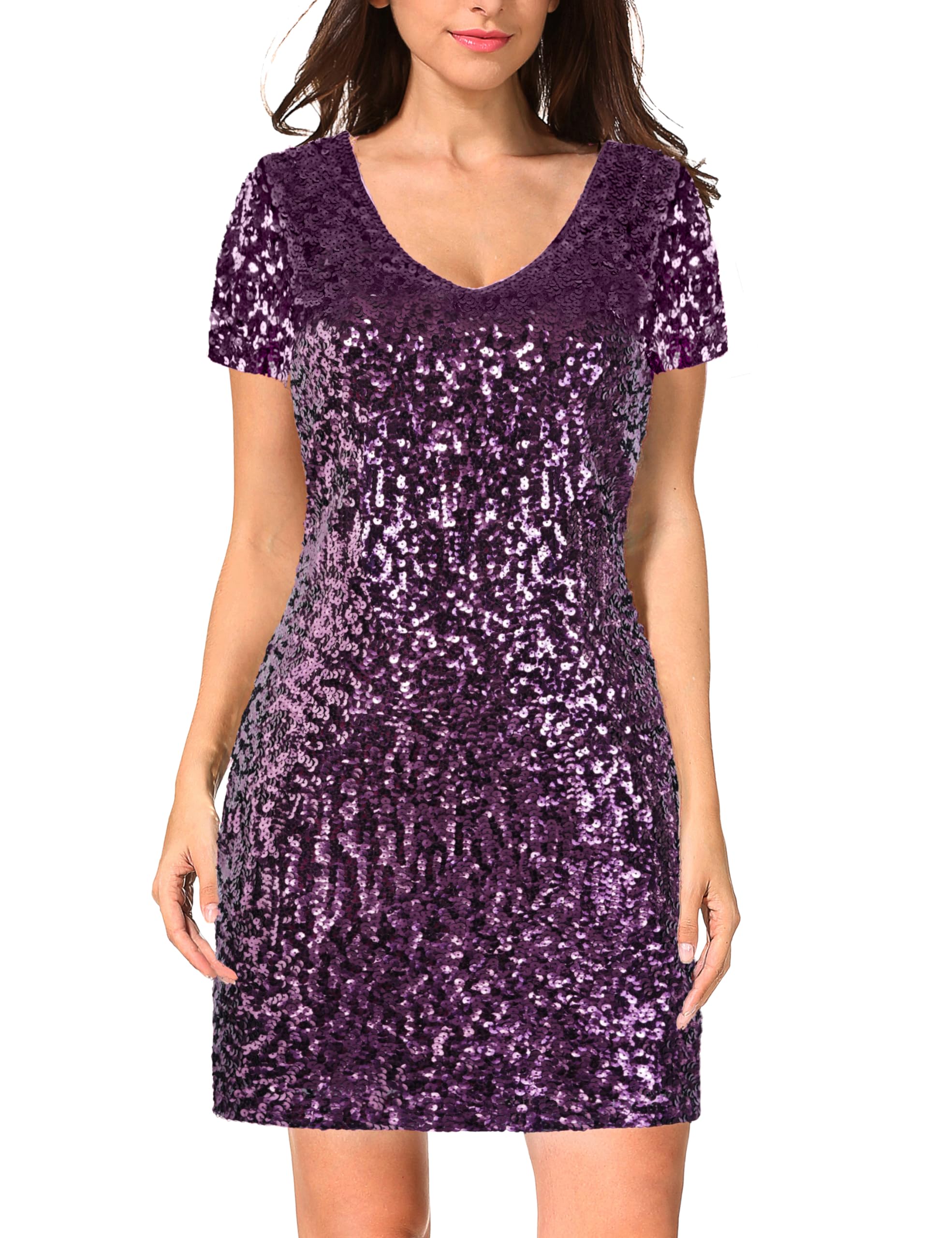 MANER Women's Sequin Glitter Short Sleeve Dress Sexy V Neck Mini Party Club Bodycon Dresses