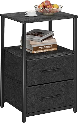 Miniatura 26 de TUTOTAK Mesa auxiliar con estación de carga, mesita de noche, mesa auxiliar con 2 puertos USB y tomacorrientes, mesita de noche con cajón de tela,