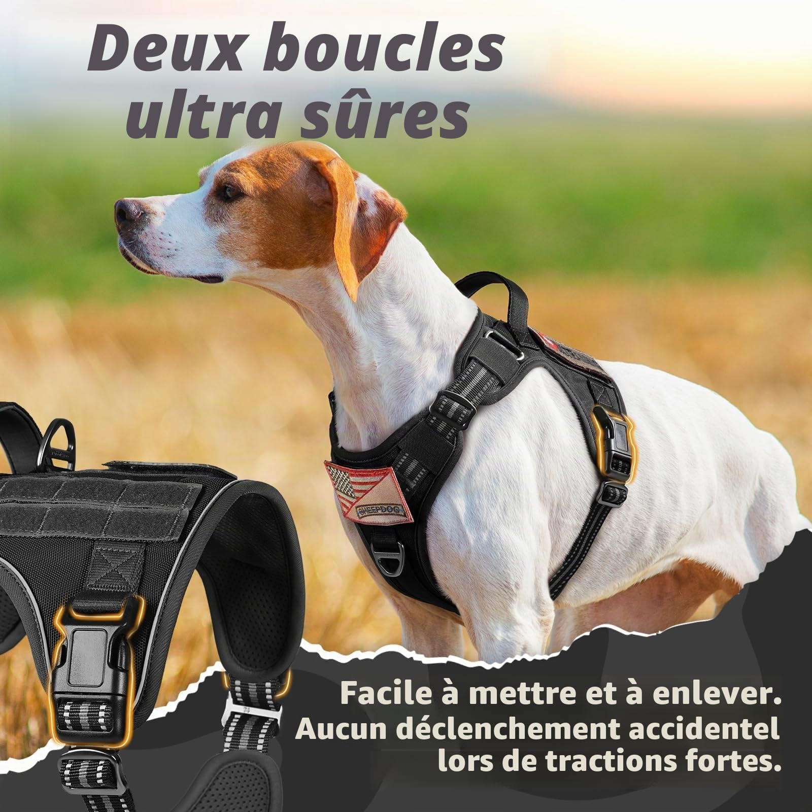 rabbitgoo Harnais Chien Anti Traction, Harnais Tactique Chien Réfléchissant Réglable avec Poignée et Anneaux, Gilet Solide Facile à Mettre, Harnais Chien Militaire pour Entraînement Chasse, Noir, L