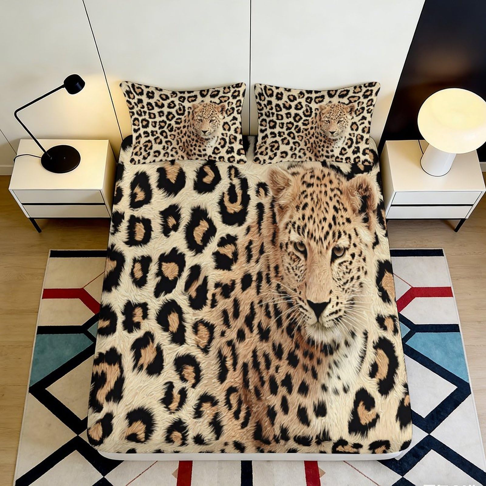 3D Printed Leopard Print Fitted Sheet Microfiber Soft Breathable Cheetah Pattern Mattress Cover for Bedroom Dormitory Guest Room Mattress Protection Decor 200x200x25cm