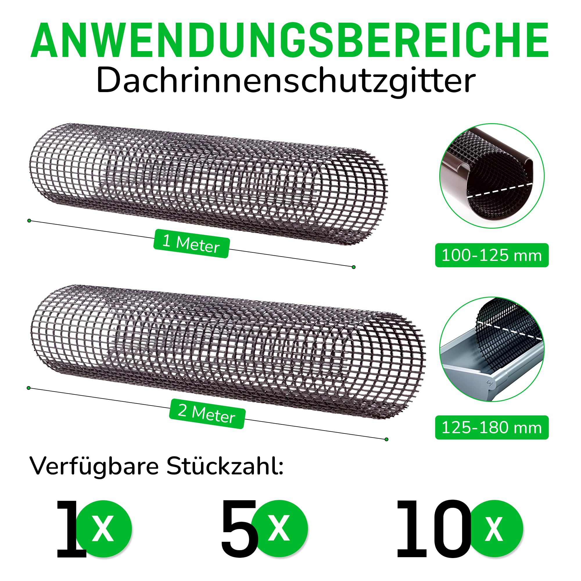 PWS 10x 2m Dachrinnenschutz Ø100-125 mm | Laubschutzgitter für Regenrinne | Dachrinnengitter Laubfang, UV-beständig, einfache Montage Schwarz | Laubstop laubfreie Dachrinne