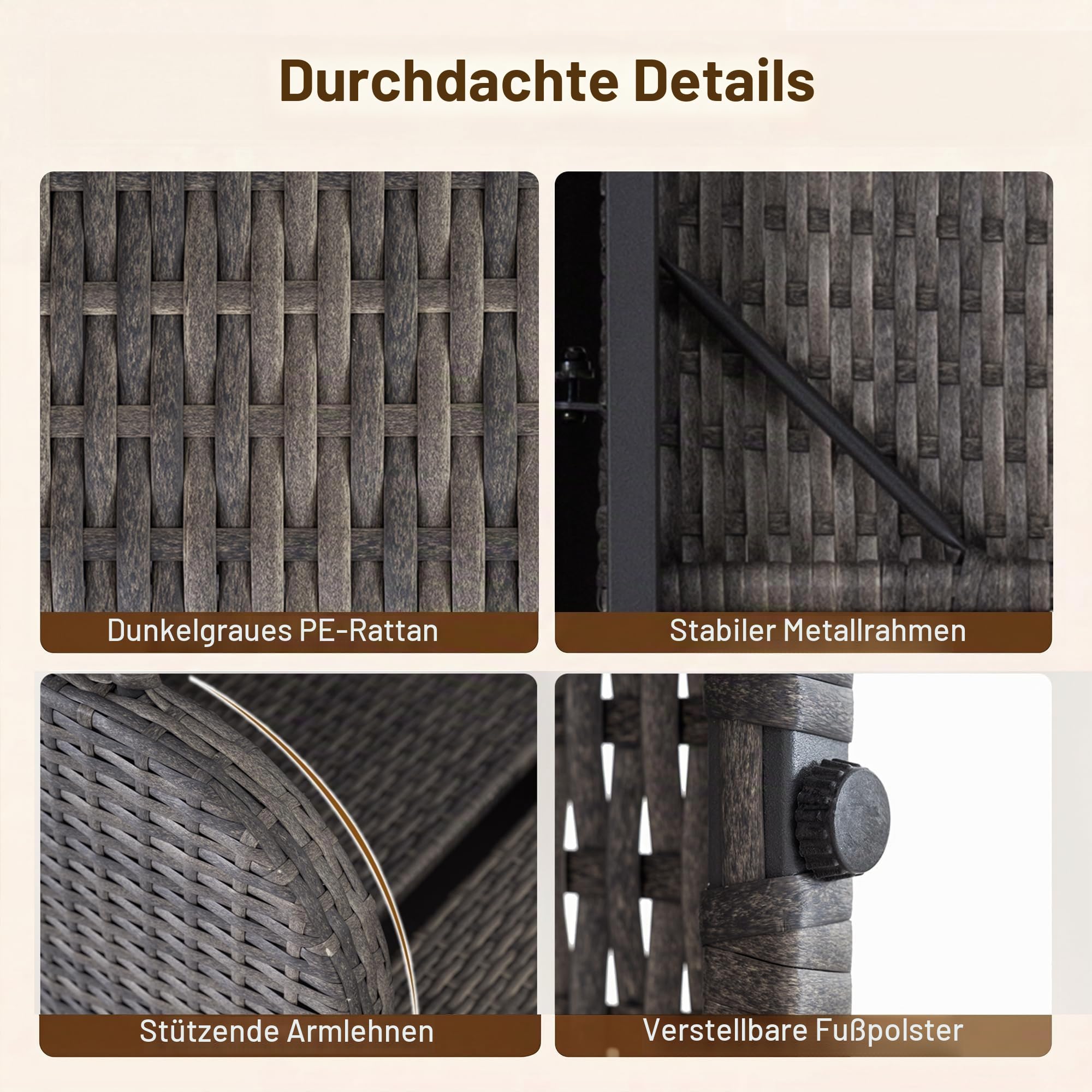 LIFEZEAL Sonnenliege 2 Personen, Gartenliege mit Verstellbarer Rückenlehne & Sonnendach, Doppelliege aus Rattan mit Kissen & Kopfstützen, Gartenbett mit Tisch & Getränkehaltern für Garten (Grau)