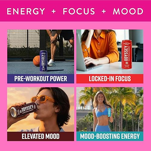 Vista 4 de Odyssey - Bebida energética funcional para la concentración, la cognición y el estado de ánimo, paquete de 12 - Bebida adaptogénica con 85 mg