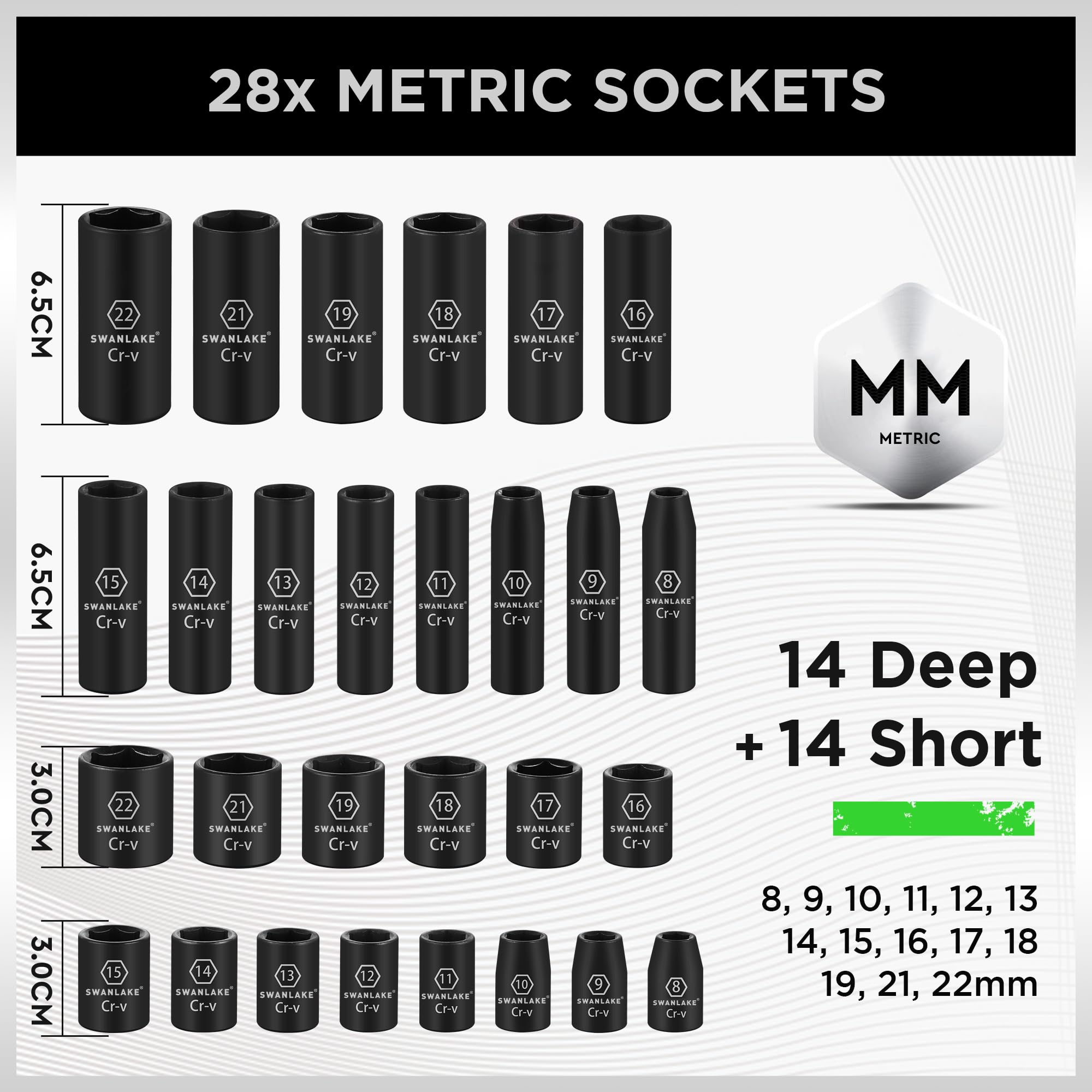 SWANLAKE - Set di chiavi a bussola da 3/8", 50 pezzi, standard SAE (5/16 a 3/4") e metriche (8-22 mm), 6 punti, Cr-V, impugnatura a cricchetto da 3/8", barra di estensione, giunto universale