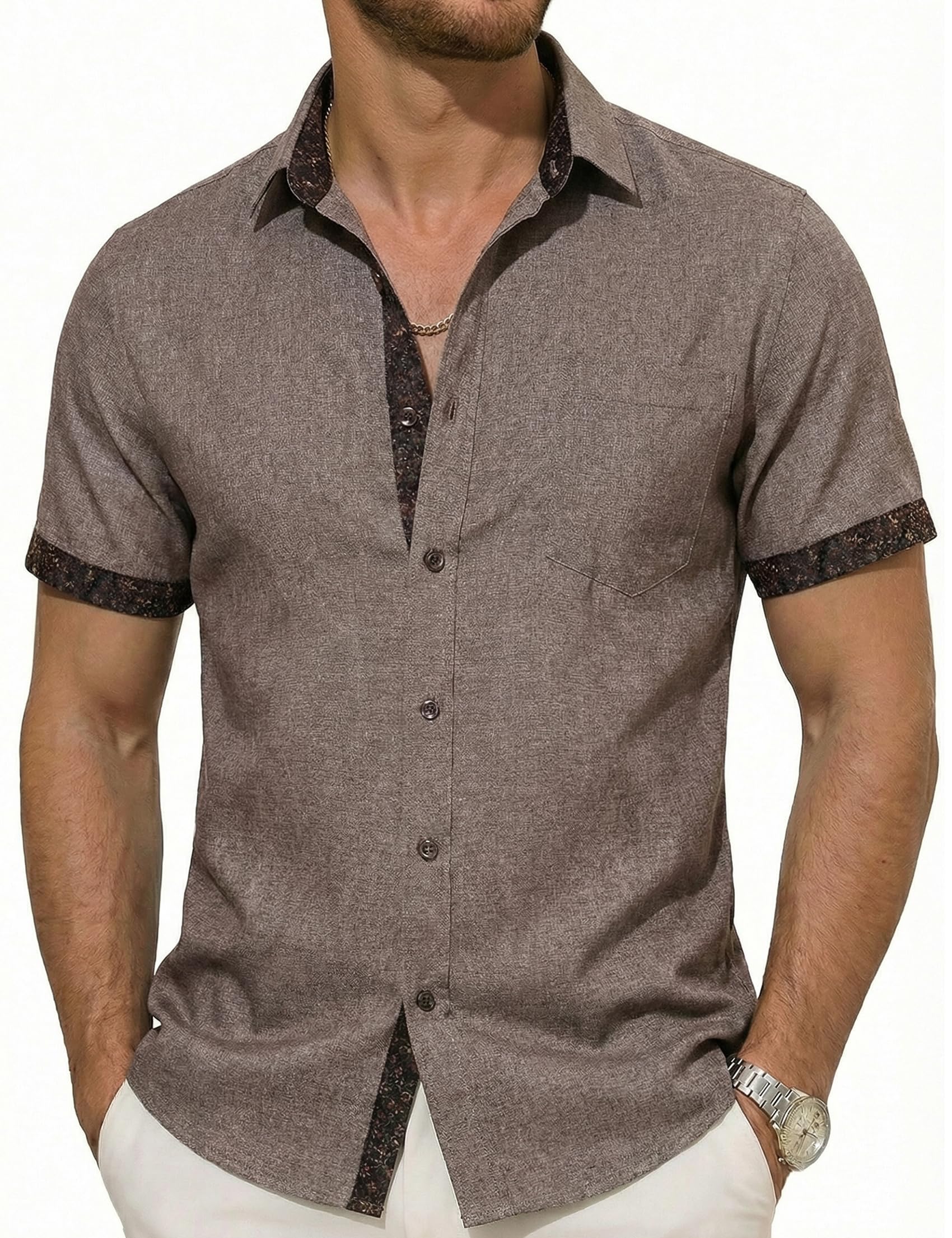 Barry.Wang Men's Linen Short Sleeve Shirt,Breathable Textured Casual Button Down for Summer Beach Wedding Vacation
