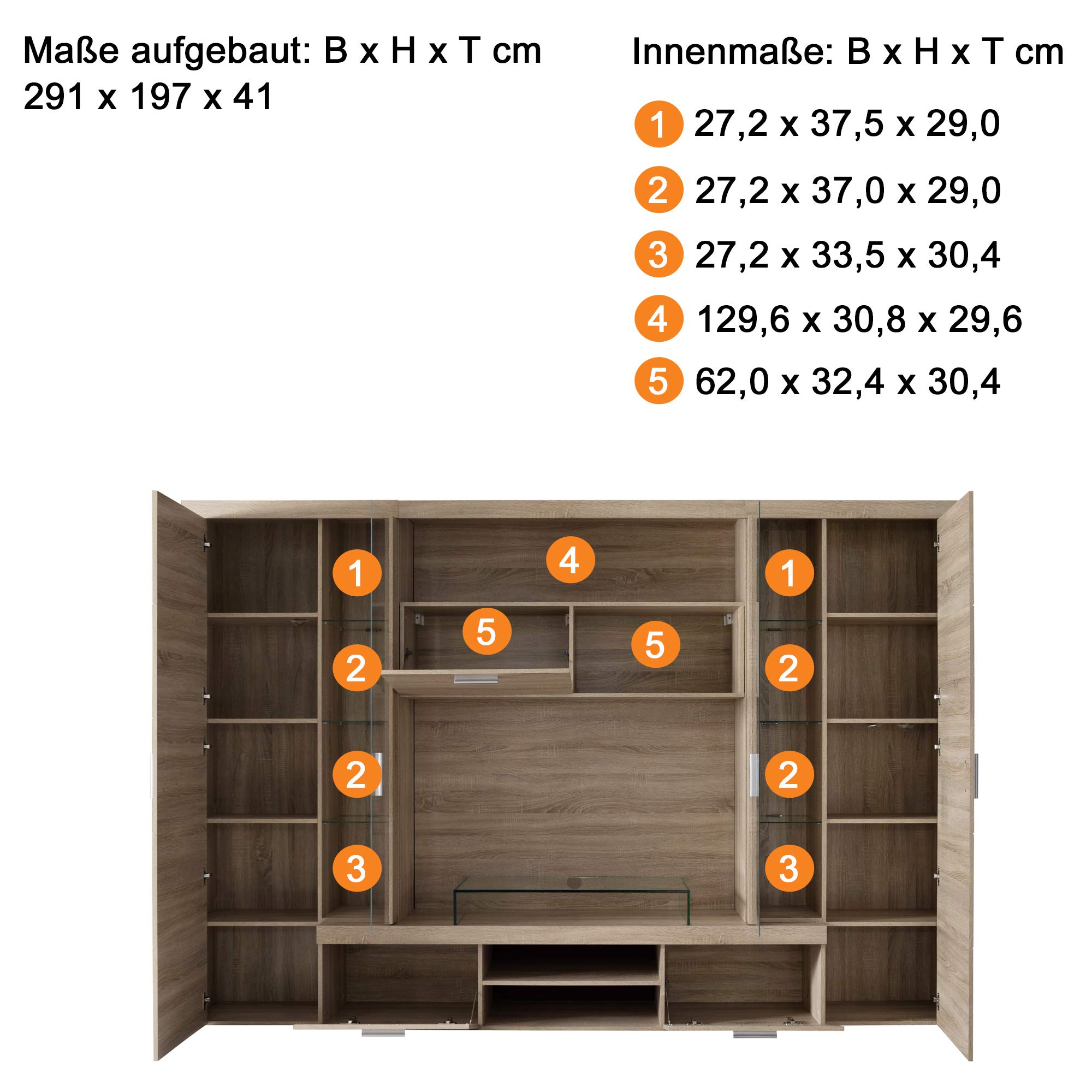 trendteam smart living - Mondeo - Wohnwand - Eiche - Anbauwand mit 4 Türen, 5 offenen Fächern, 3 Klappen und 7 Einlegeböden - (BxHxT) 291 x 197 x 41 cm -viel Stauraum für Ordnung.