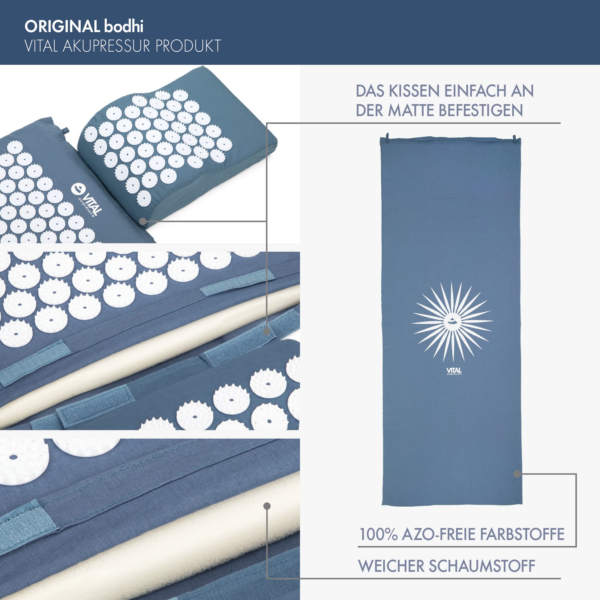 Set de acupresión Vital XL: esterilla de acupresión (130 x 50 cm) y cojín de acupresión en un juego económico, estera revitalizante para la espalda y la almohada para el cuello, AZUL
