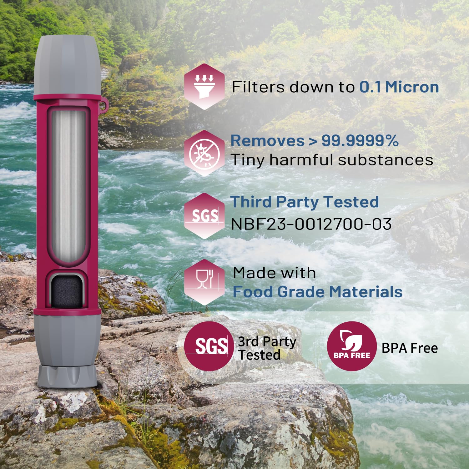 Yuclet YWF01 Paja con filtro personal para beber, sistema de filtración de agua portátil, equipo de supervivencia y suministros para camping, senderismo, viajes y preparación