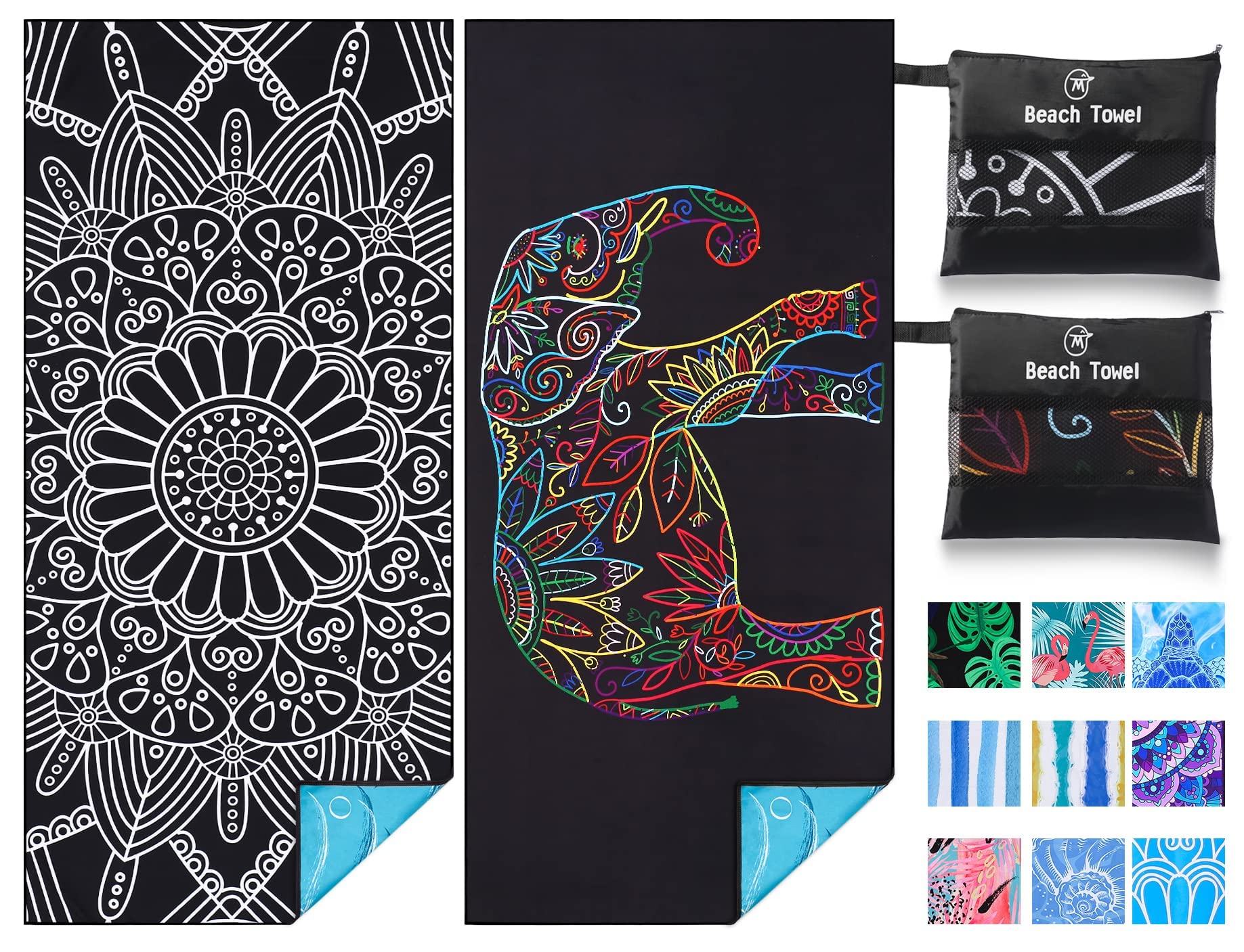 Photo 1 of 2 Pack Lightweight Thin Beach Towel Oversized 71"x32" Big Extra Large Microfiber Sand Free Towels for Adult Quick Dry Travel Camping Beach Accessories Vacation Essential Gift Black Mandala Elephant 2 Pack Black Mandala Elephant 71"x32"