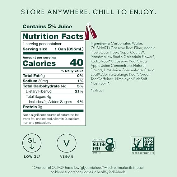 OLIPOP Prebiotic Soda Pop, Vintage Cola, Pantry Pack Packed with Prebiotics, Fiber, and Botanicals, Gluten Free, GMO Free, 12oz (12-Cans) (Packaging May Vary)