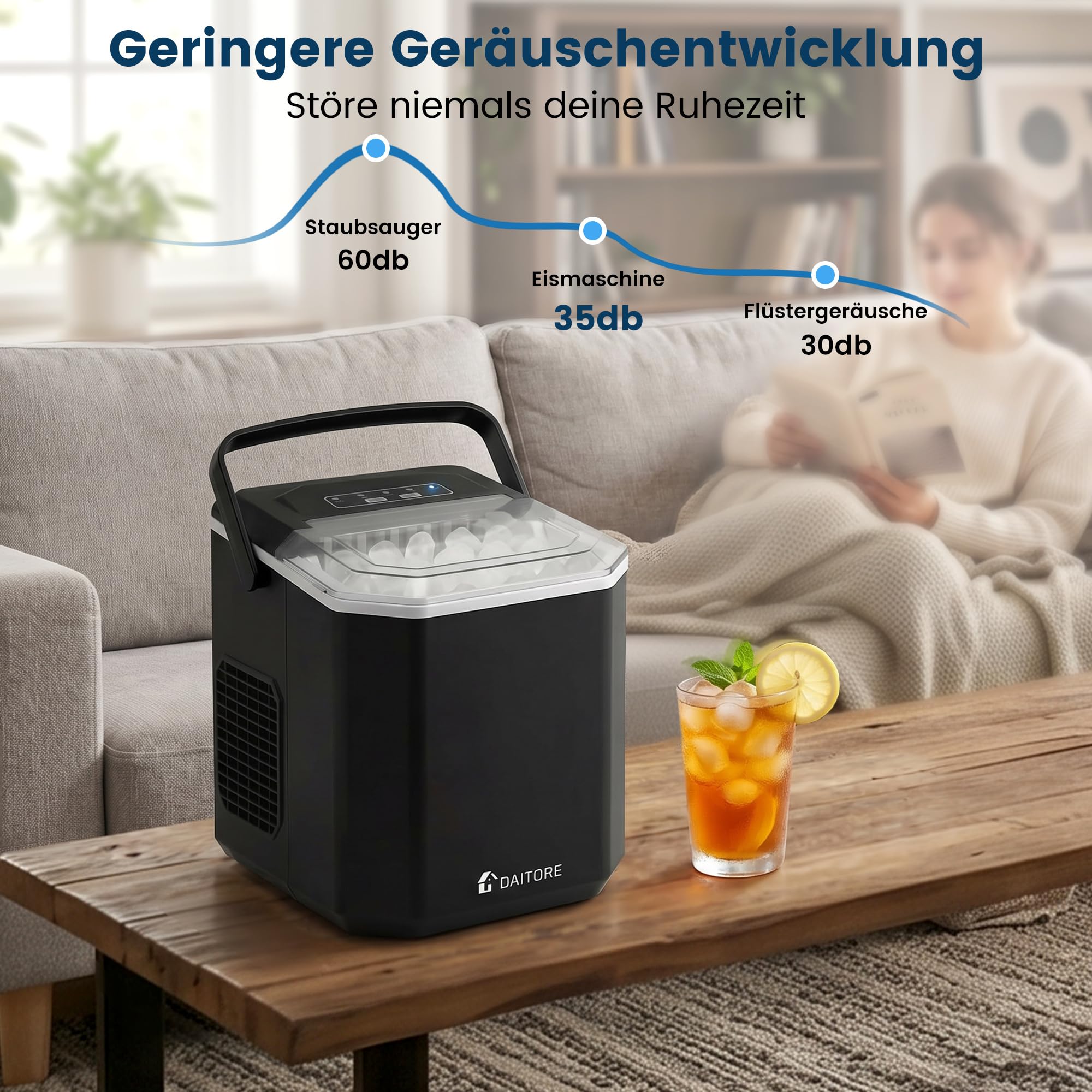 Eiswürfelmaschine Klein, Eiswürfelbereiter mit Tragbarem Griff, 2 Eiswürfel Größen, 9 Würfel in 6 Minuten Fertig, Selbstreinigende Eiswürfelmaschinen Ice Maker für Zuhause