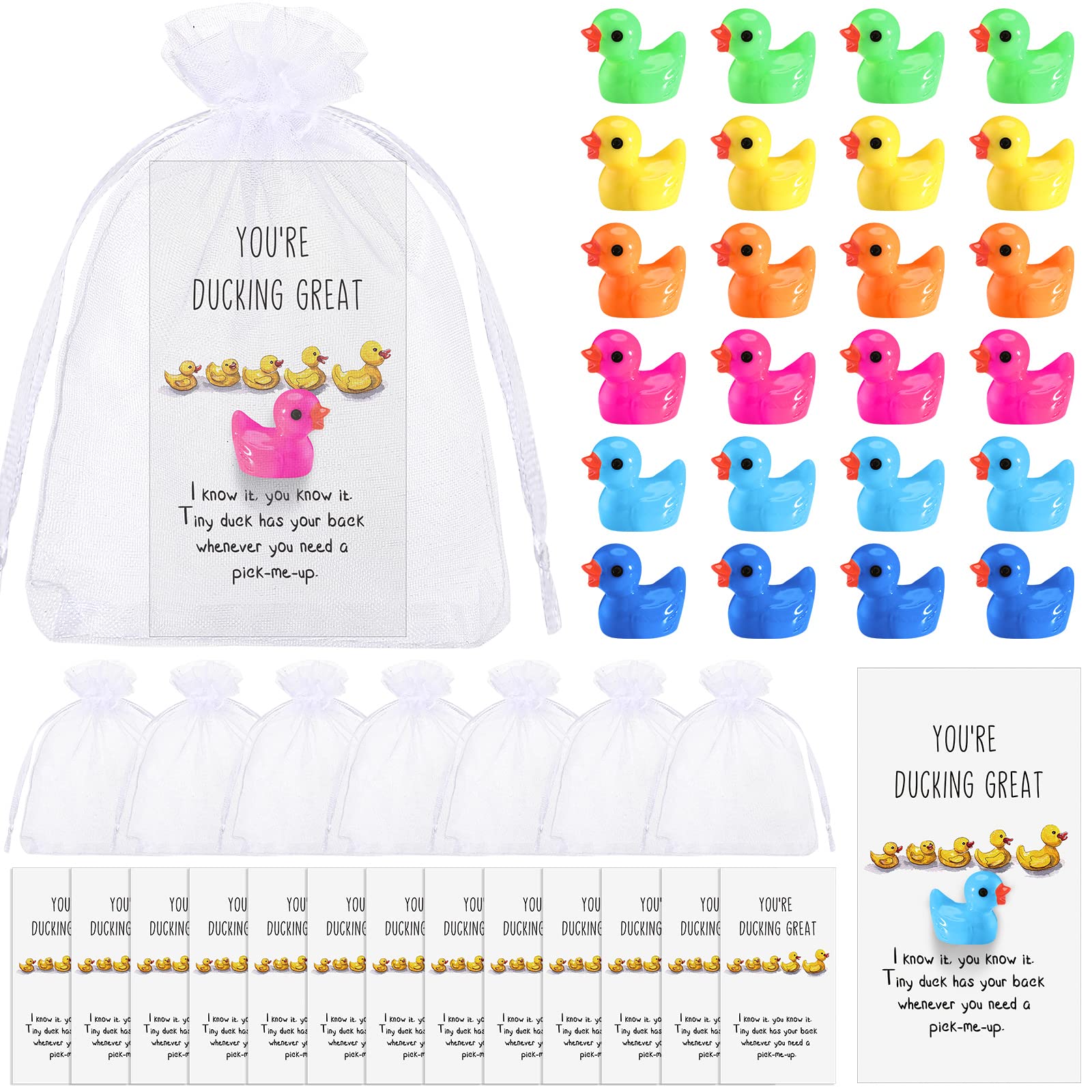 Unittype 24 Pcs Inspirational Gifts Bulk Mini Resin Ducks with You're Great Cards Organza Bags Funny Thank You Presents for Christmas Back to School Gifts Office Rewards(Colorful)
