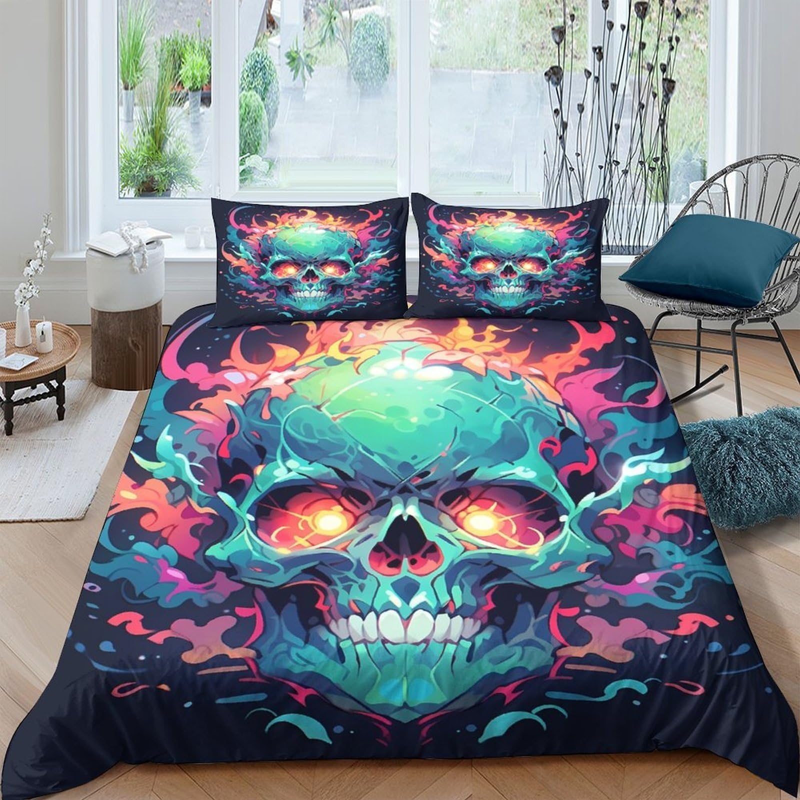 Ctjqhvkz Style-7 3D Printed Neon Skull Fitted Sheet Microfiber Soft Mattress Cover For Bedroom Guest Room Dorm Decorative Protector Single（135X200cm）