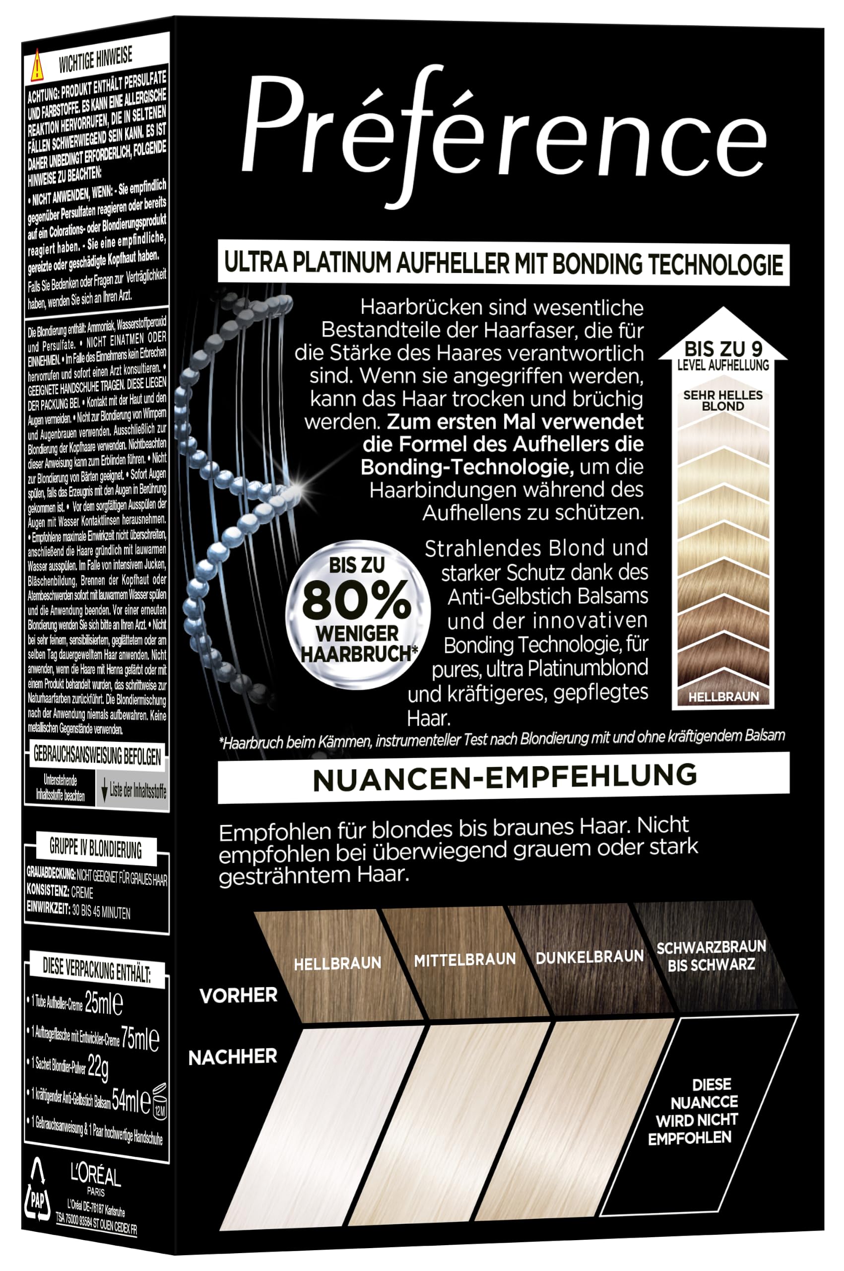 L'Oréal Paris Extrem Aufheller für platin-blondes Haar, Mit Anti-Gelbstich und Anti-Haarbruch Technologie, Permanente Haarfarbe, Préférence Le Blonding, 9L Helles Platinblond, Multipack