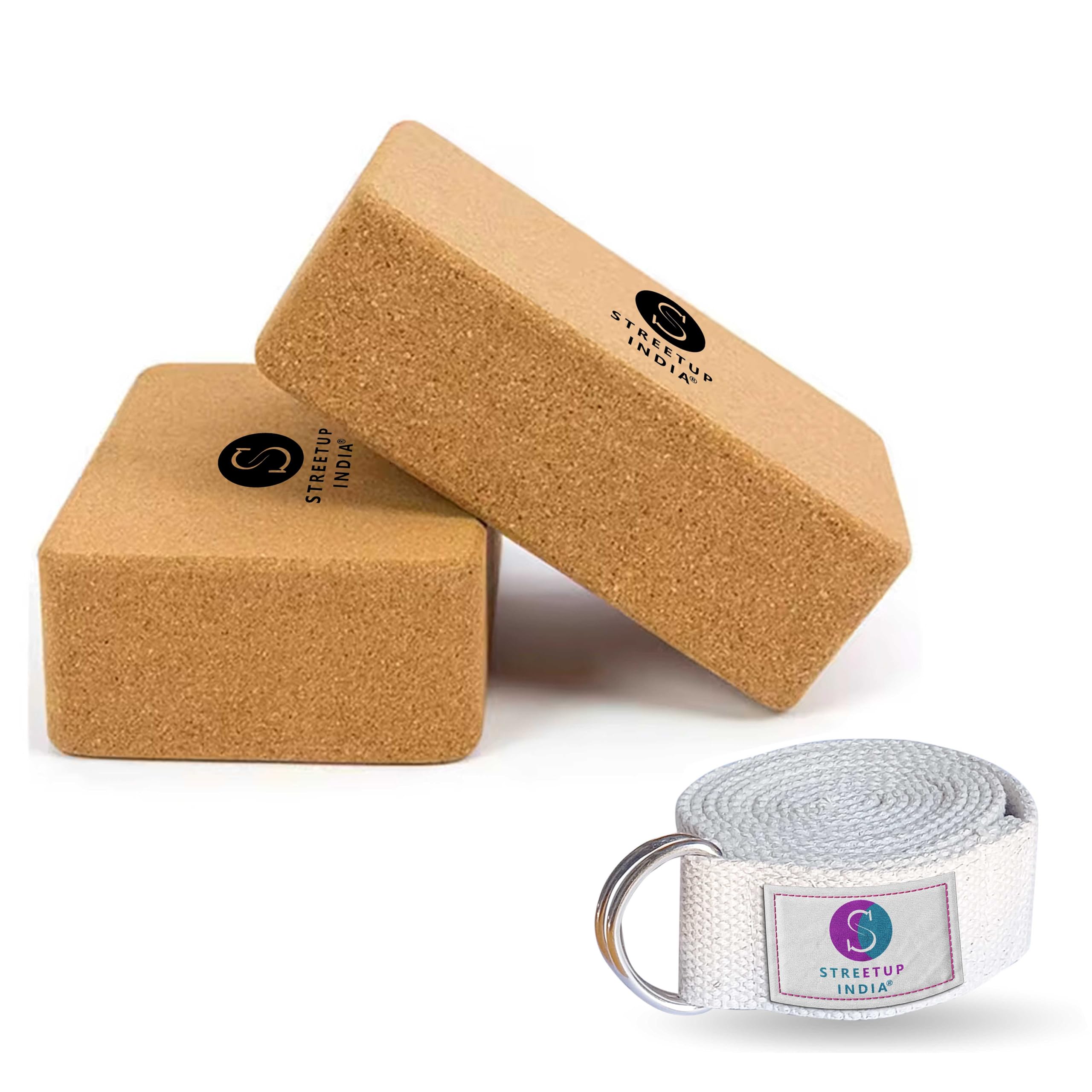 Streetup India® Cork Yoga Brick With High Density Cork| Non-Slip Workout Block| Set of 2 (Set of 2 Brick With Belt)