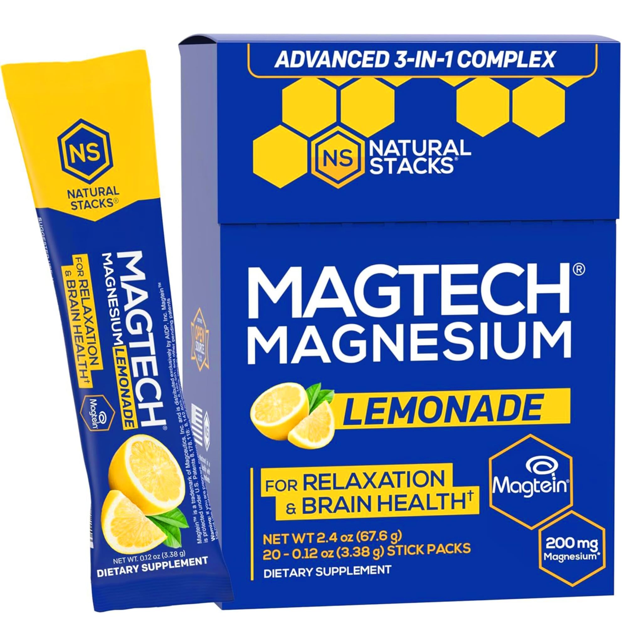 Natural Stacks MagTech Magnesium Supplement Lemonade Drink Powder - Magtein Magnesium L-Threonate for Memory - Glycinate for Sleep- Taurate for Cramps - 100% Chelated Magnesium - 20 Servings