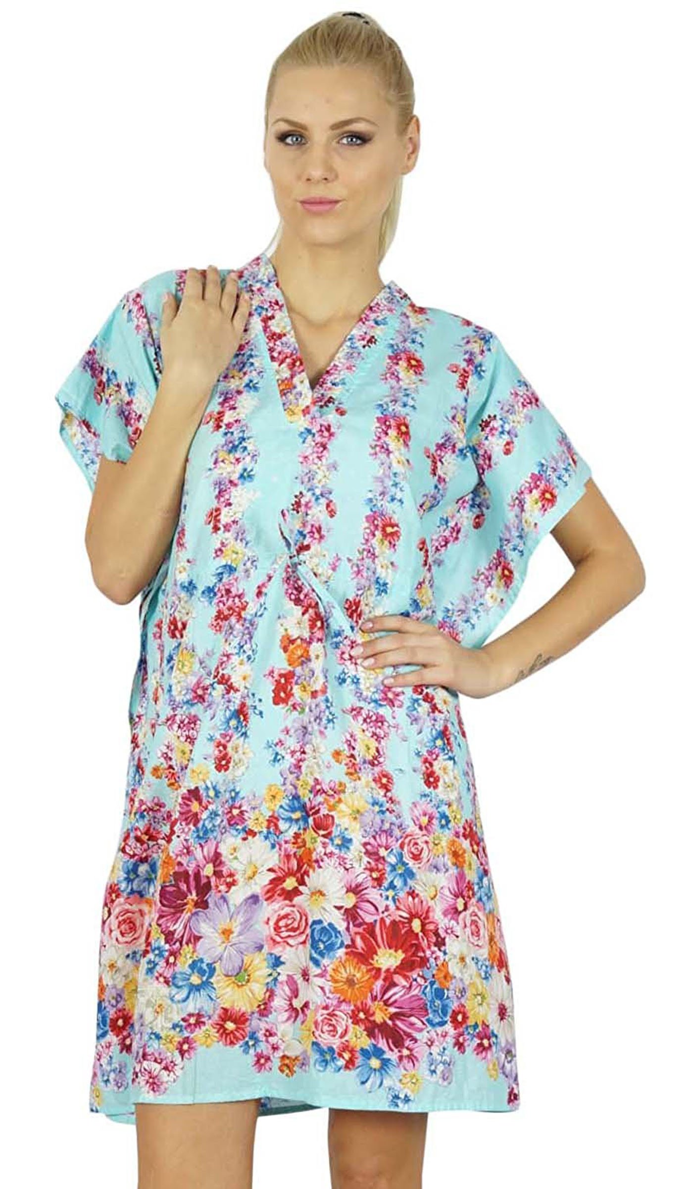 Bimba Printed Bohemian Kaftan Dress for Women's Cotton Short Tunic Beachwear Caftan Dress Multicolor