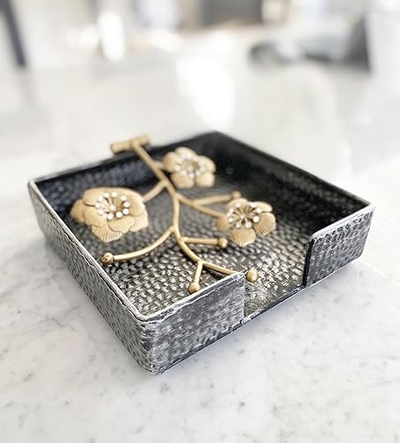 Miniatura 8 de Chez Juju Servilletero cuadrado plano plateado con flores de orquídeas doradas y cristales sintéticos  Brazo pesado con bisagras de metal con