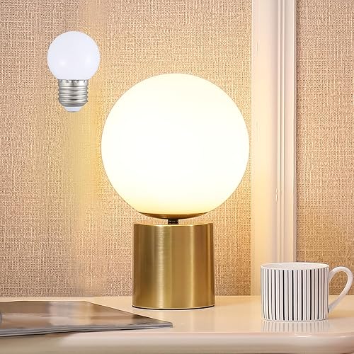 Lámpara de mesa moderna de globo dorado de mediados de siglo, lámpara de mesita de noche redonda con pantalla de vidrio blanco, base de metal,