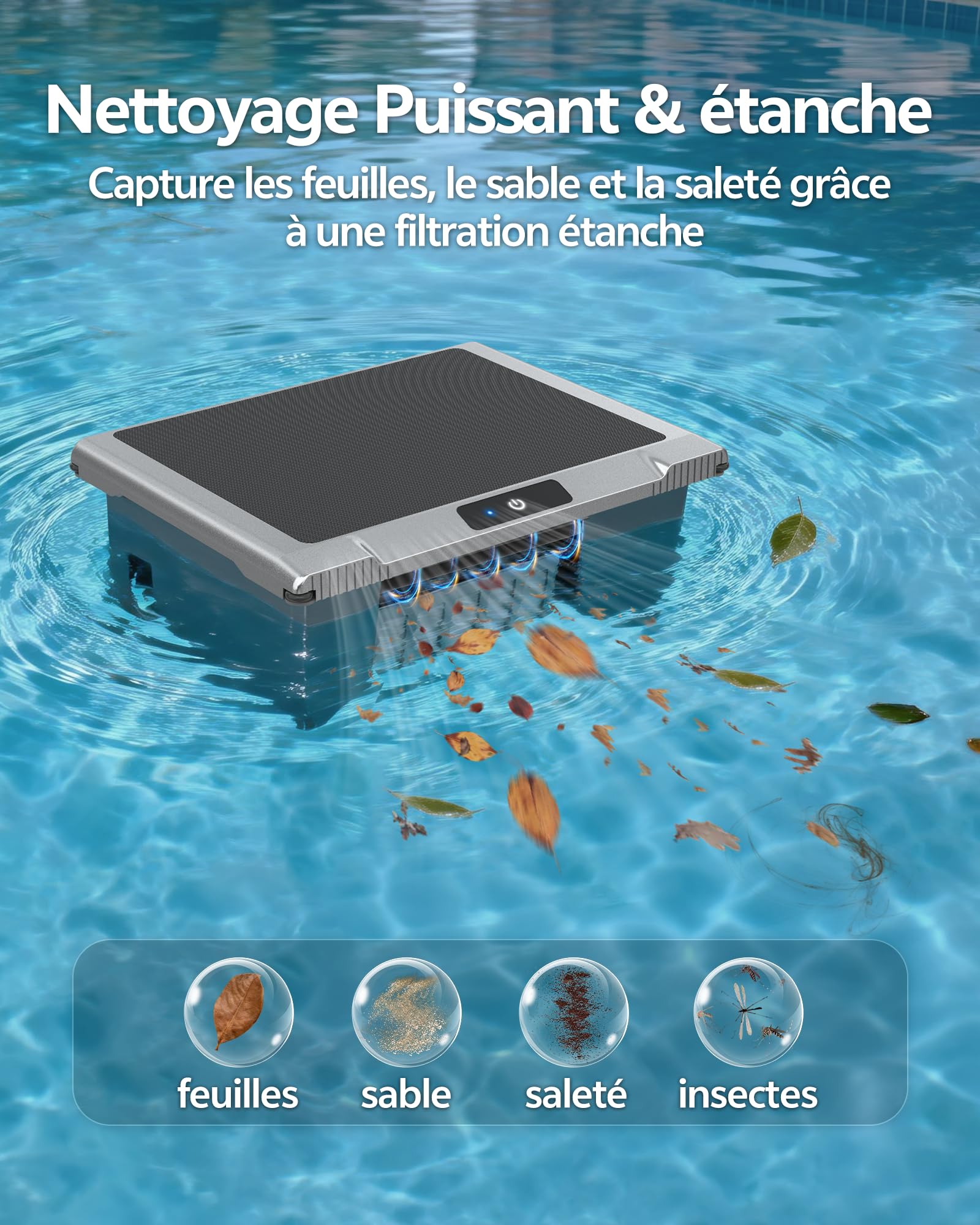 T1B Robot Nettoyeur Skimmer Solaire Robot de Surface Piscine, avec Nettoyage 24h/7, Double Modes de Recharge, Retour Automatique à la Base, adapté aux piscines Enterrées et Hors Sol (Bleu)