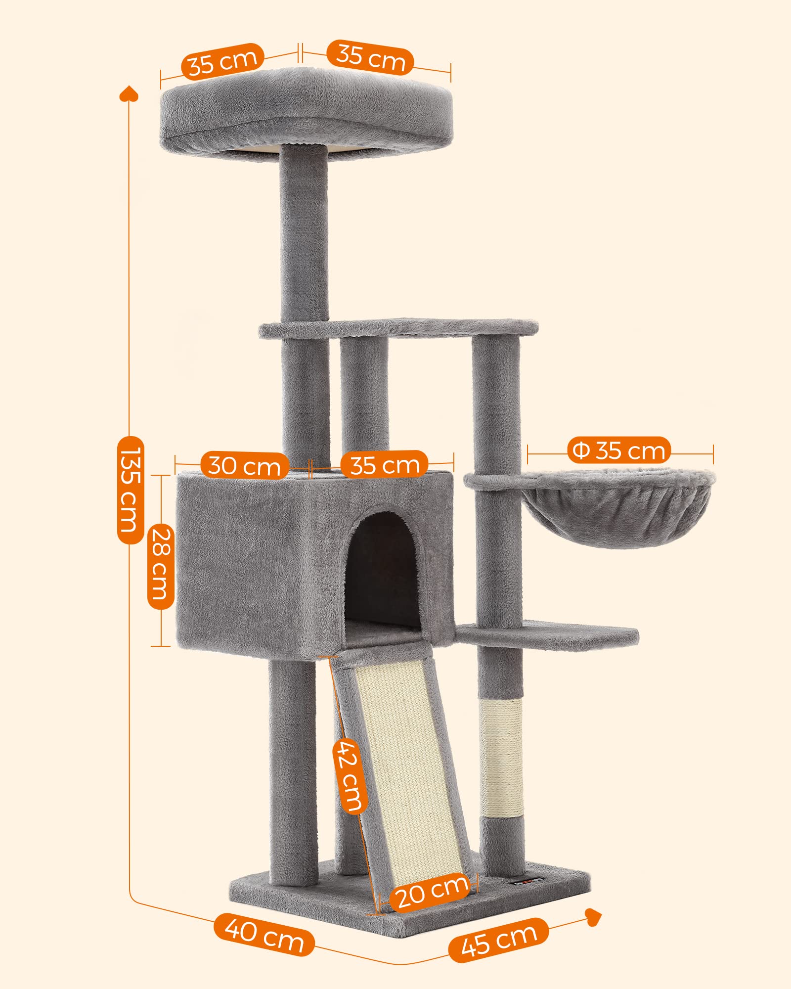 Feandrea Kratzbaum, 135 cm Kleiner Katzenbaum, mehrstöckiger Plüsch-Katzekratzbaum mit waschbarer, Abnehmbarer Sitzstange, Kratzstamm, Korb, Höhle, hellgrau