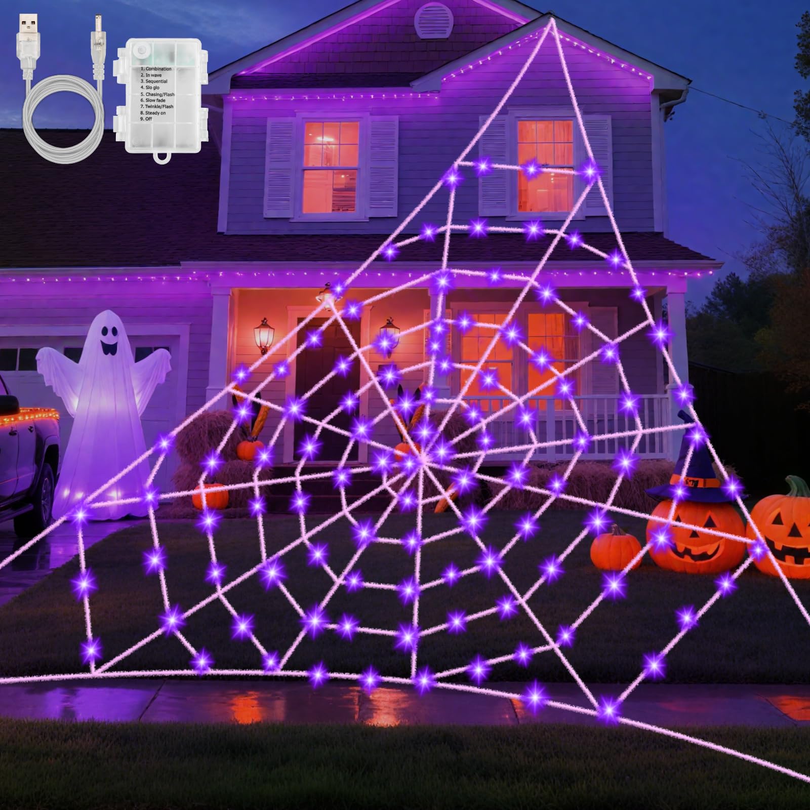 Halloween Decorations Spider Web Lights, 5x 5M 120LED Purple Giant Spider Web Lights USB/Battery with Timer 8 Modes Waterproof for Patio Garden Haunted House Outdoor Indoor Halloween Decorations — image 1