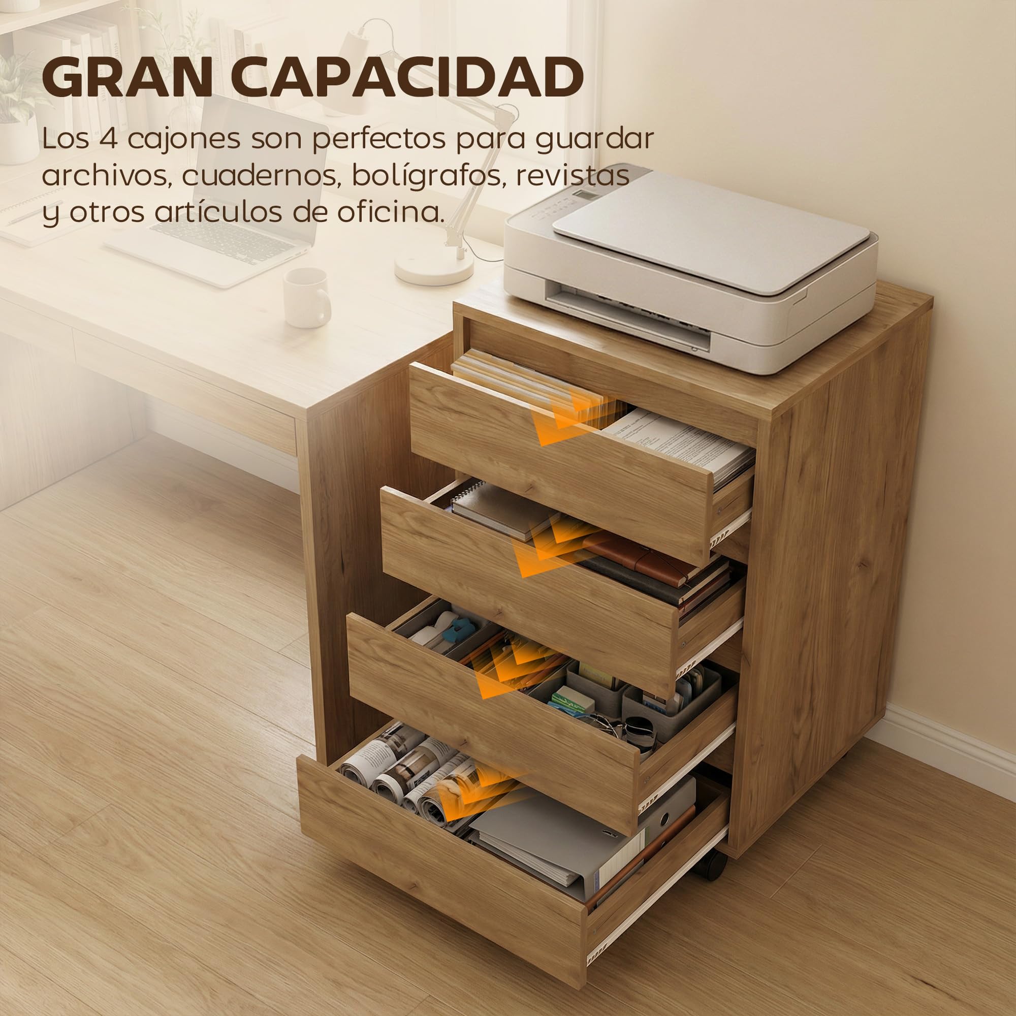 HOMCOM Cassettiera da ufficio con 4 cassetti Cassettiera da scrivania con ruote Scaffale mobile per studio 46x40x65 cm Marrone